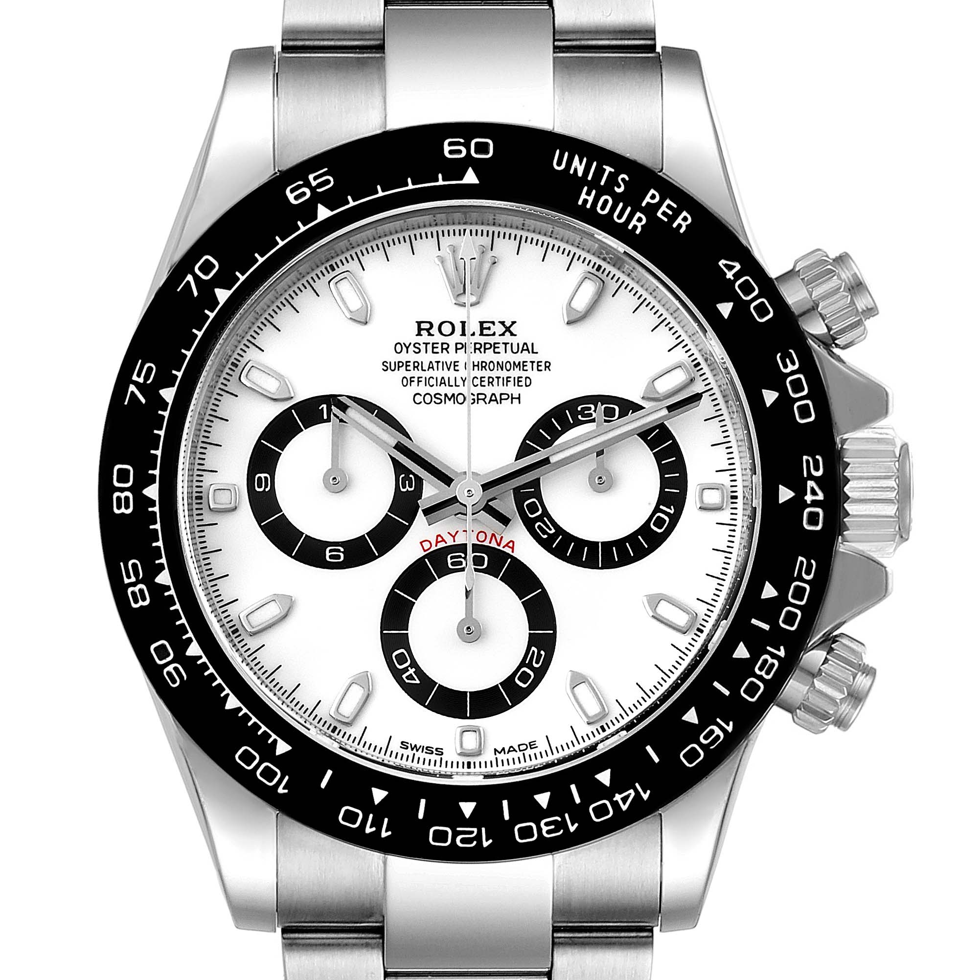 This image shows a front view of a Rolex Daytona 116500 Men's Stainless Steel White Dial 116500 Men's Stainless Steel White Dial watch, highlighting its dial, subdials, bezel, and crown.