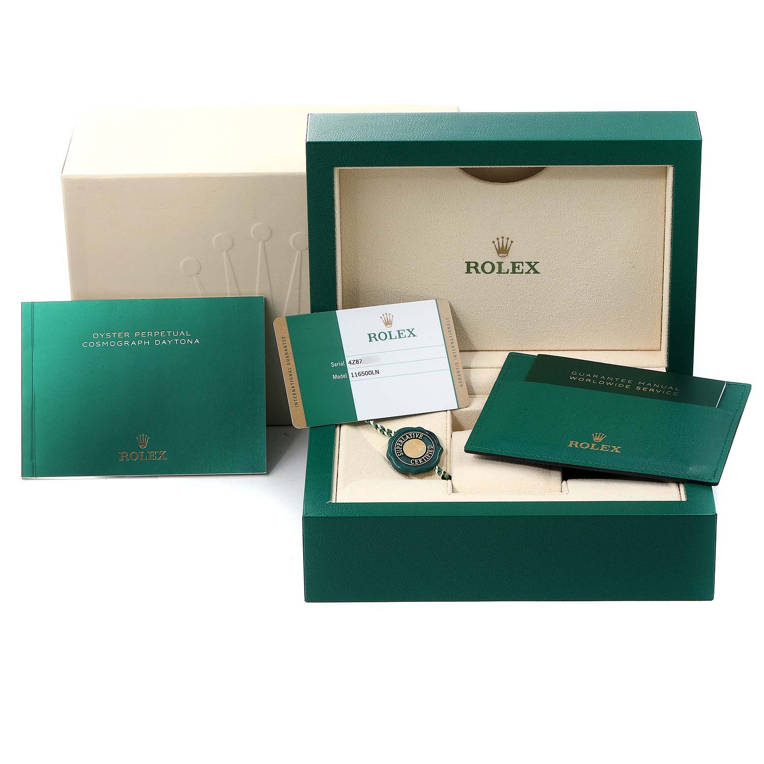 The image shows the packaging, manuals, warranty card, and accessories for a Rolex Daytona 116500 Men's Stainless Steel White Dial 116500 Men's Stainless Steel White Dial watch.