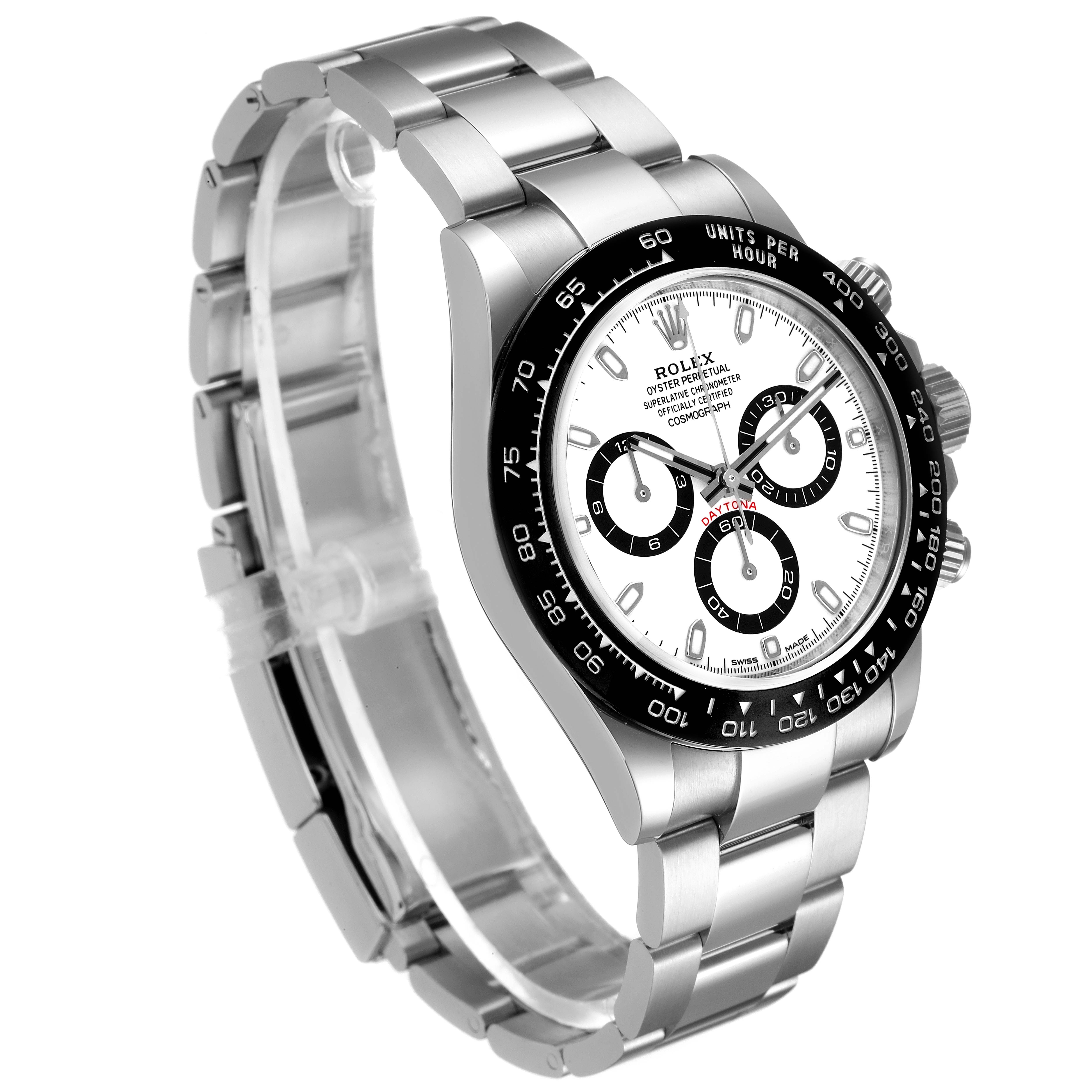 The image shows a Rolex Daytona 116500 Men's Stainless Steel White Dial 116500 Men's Stainless Steel White Dial watch at an angle, highlighting its face, bezel, push buttons, and bracelet.