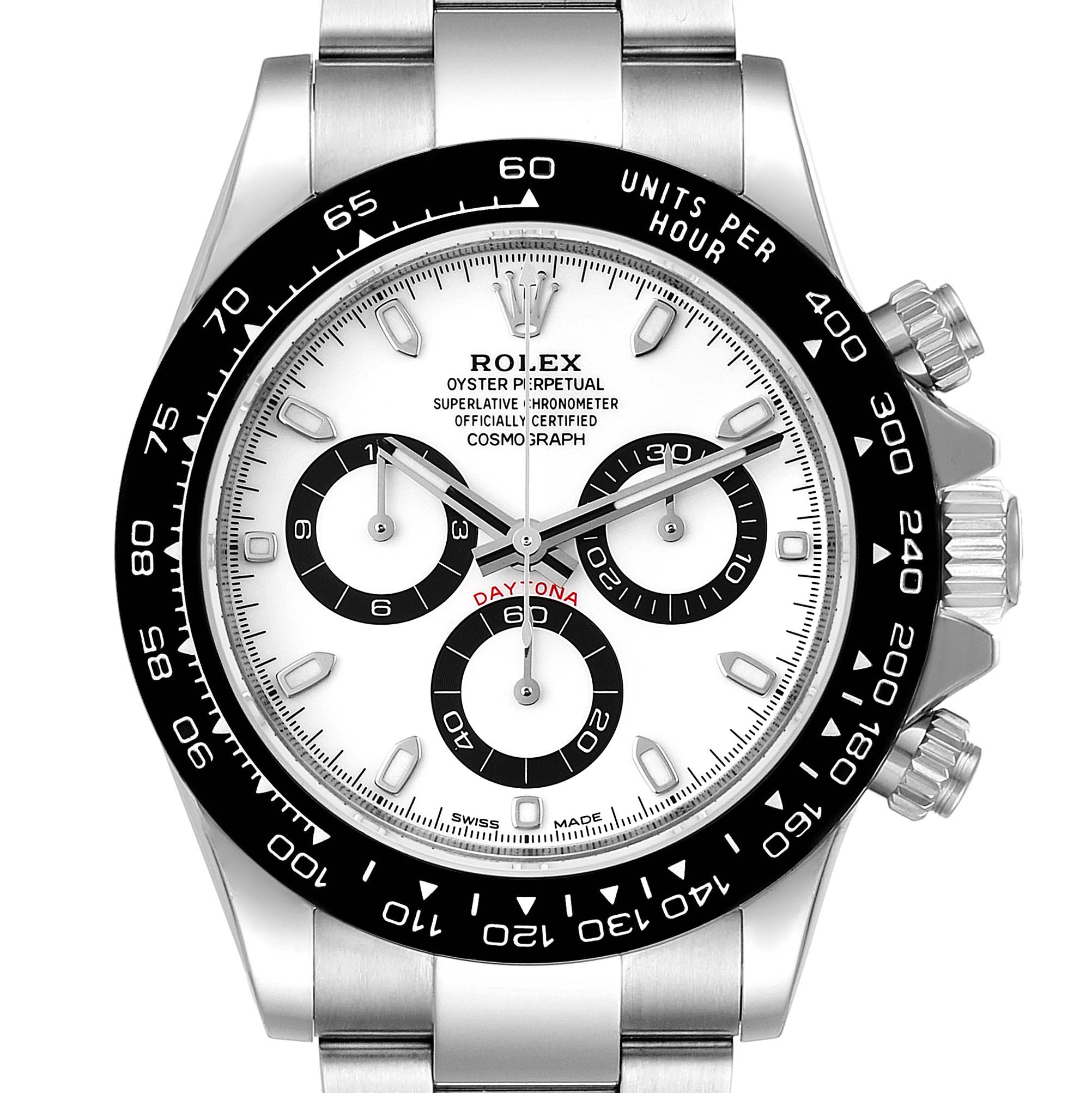 This image displays a Rolex Daytona 116500 Men's Stainless Steel White Dial 116500 Men's Stainless Steel White Dial watch face, highlighting its bezel, dial, hands, and chronograph subdials.