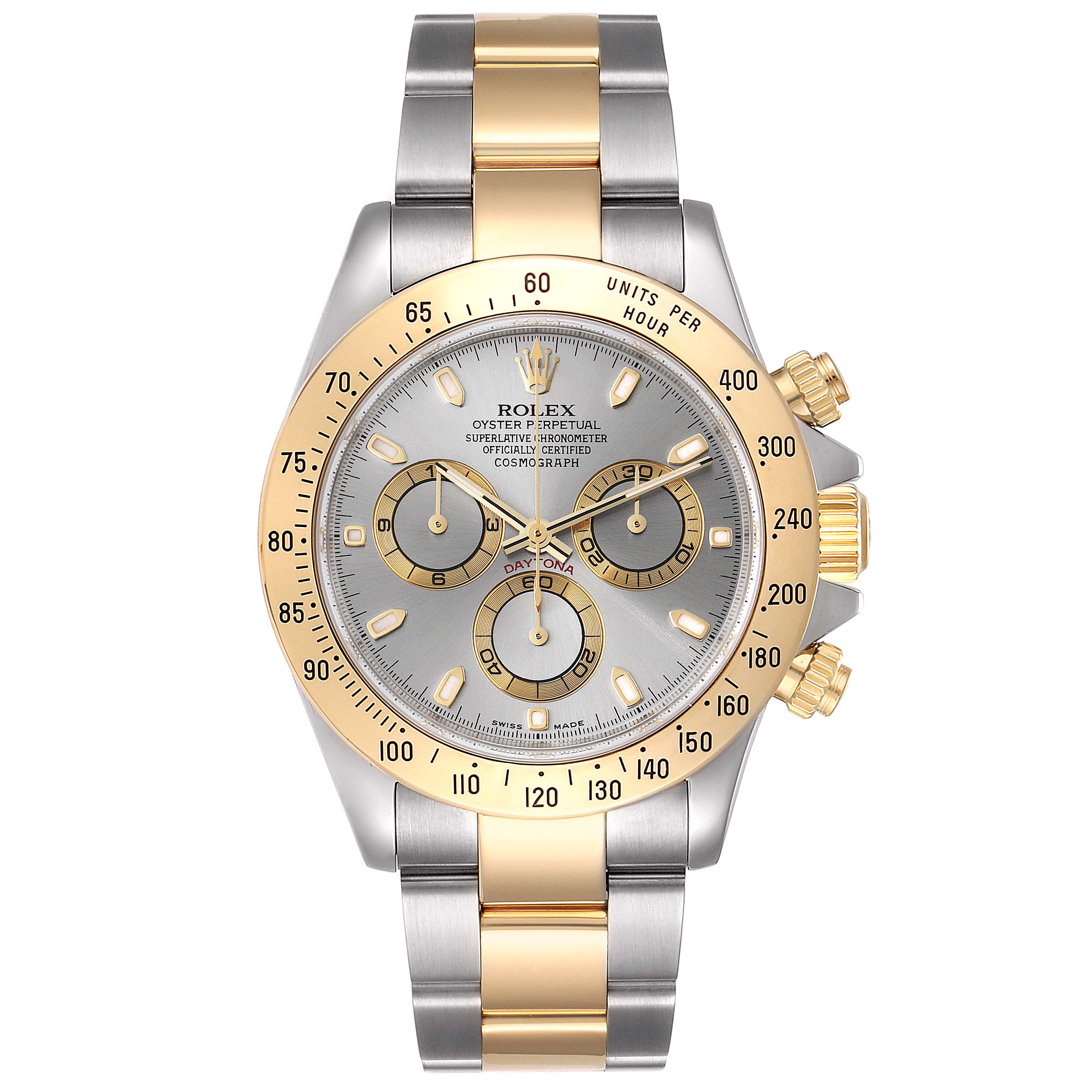 The image shows a frontal view of a Rolex Daytona 16523 Men's Steel and Gold (two tone) Grey Dial 16523 Men's Steel and Gold (two tone) Grey Dial watch, displaying the dial, bezel, subdials, and two-tone bracelet.