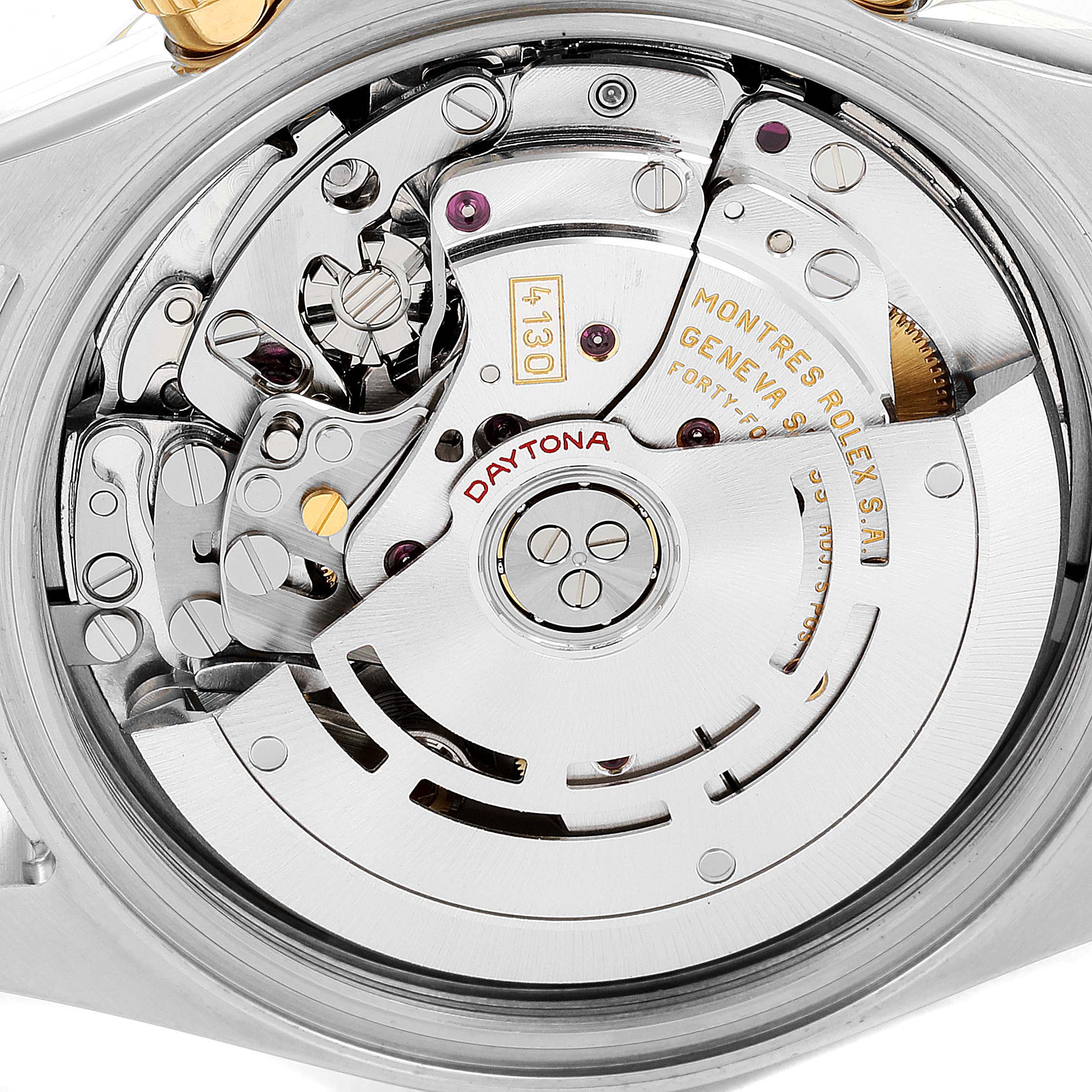 The image shows the intricate inner mechanical components of the Rolex Daytona 16523 Men's Steel and Gold (two tone) Grey Dial 16523 Men's Steel and Gold (two tone) Grey Dial watch from a close-up, back view angle.