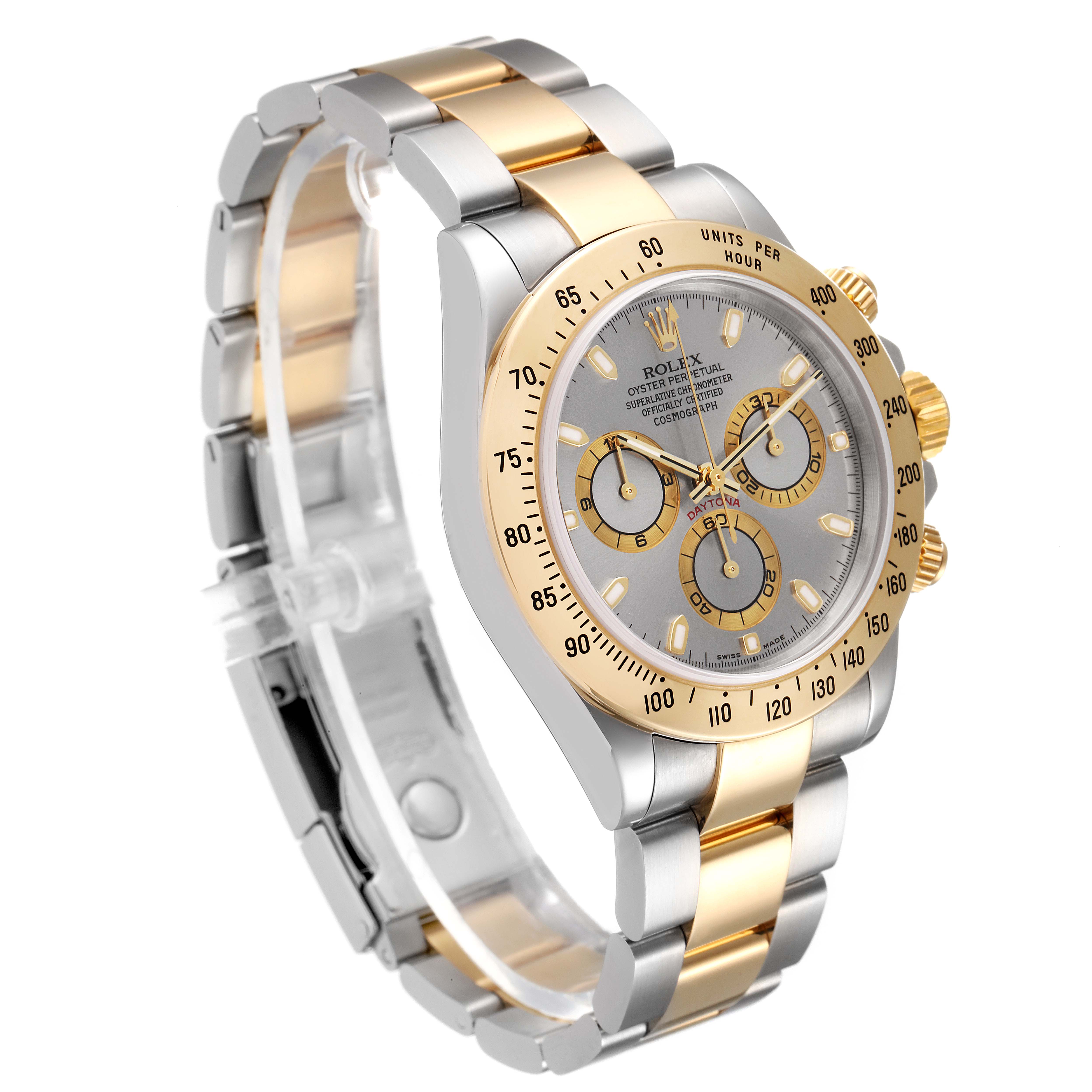 The image showcases a Rolex Daytona 16523 Men's Steel and Gold (two tone) Grey Dial 16523 Men's Steel and Gold (two tone) Grey Dial watch at a three-quarter angle, highlighting its two-tone bracelet and chronograph subdials.