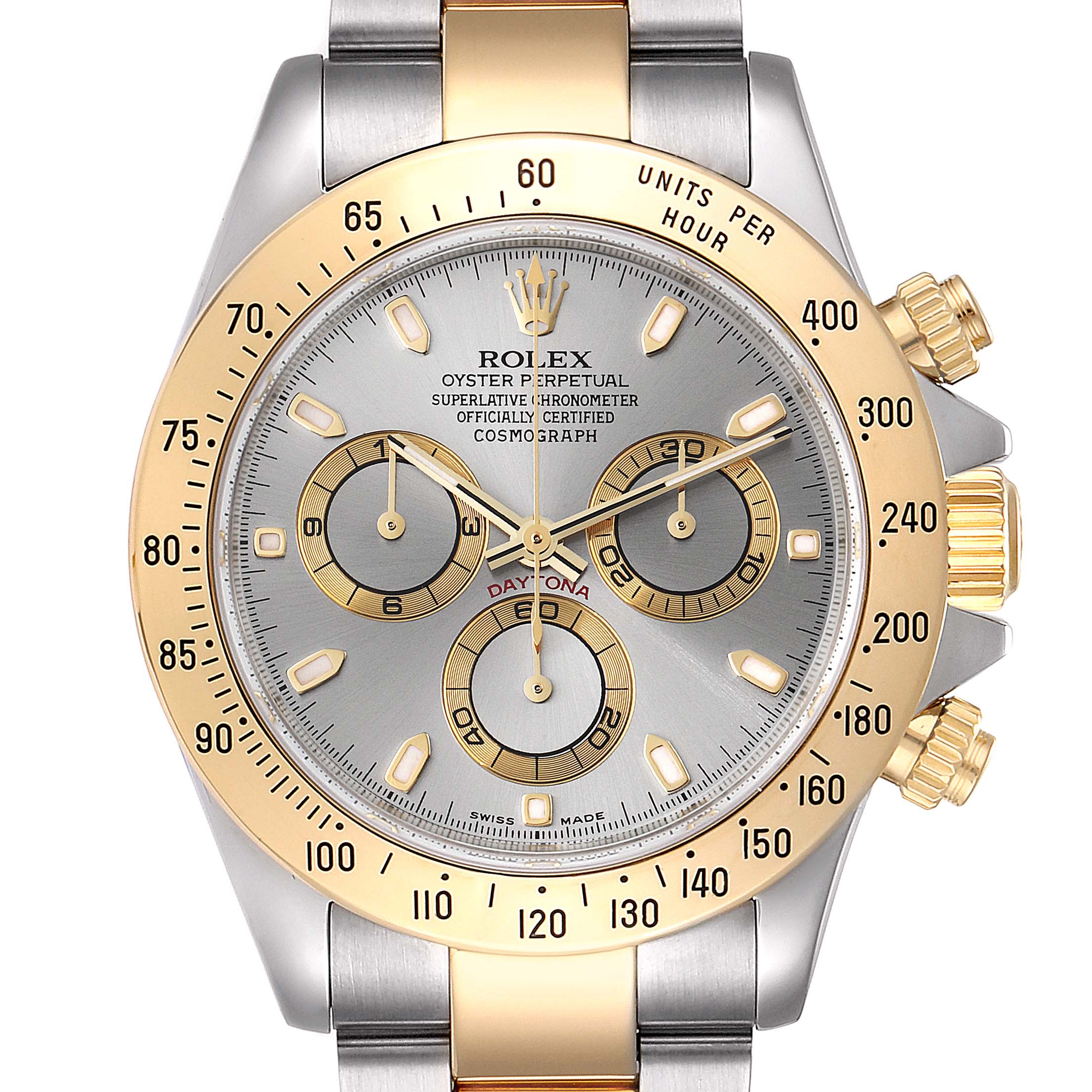 The image shows a Rolex Daytona 16523 Men's Steel and Gold (two tone) Grey Dial 16523 Men's Steel and Gold (two tone) Grey Dial watch face, highlighting the bezel, chronograph subdials, and bracelet, from a front angle.