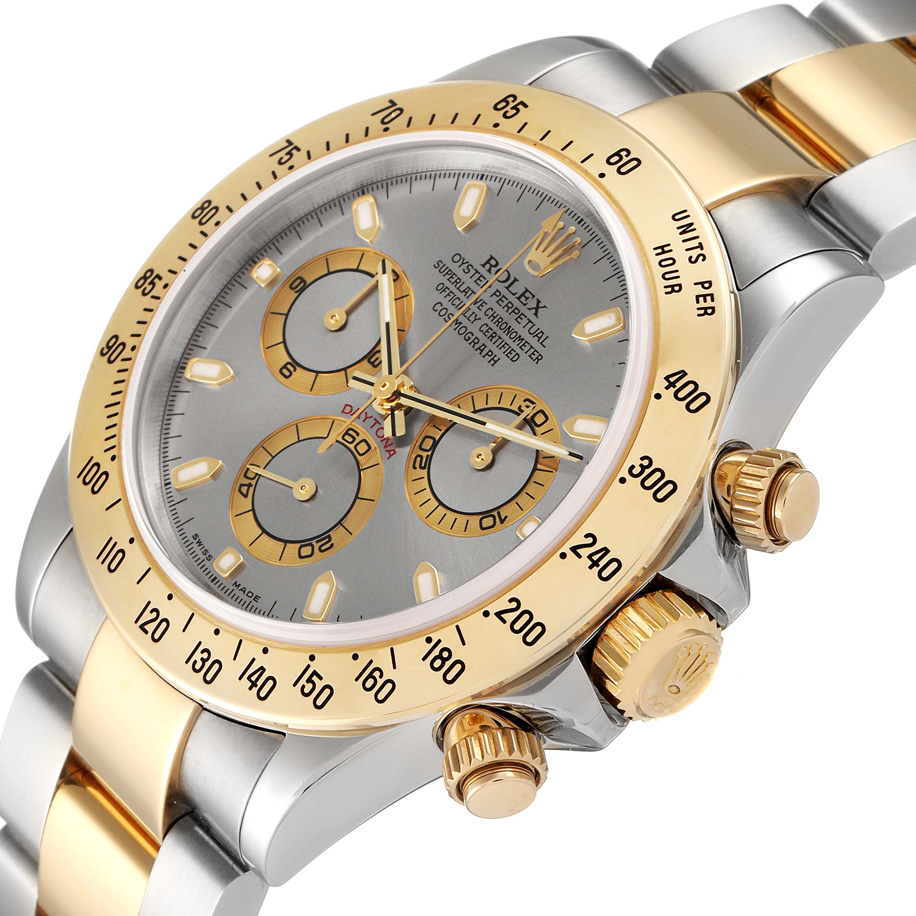 The Rolex Daytona 16523 Men's Steel and Gold (two tone) Grey Dial 16523 Men's Steel and Gold (two tone) Grey Dial watch is shown at an angle highlighting the face, subdials, bezel, and part of the bracelet.