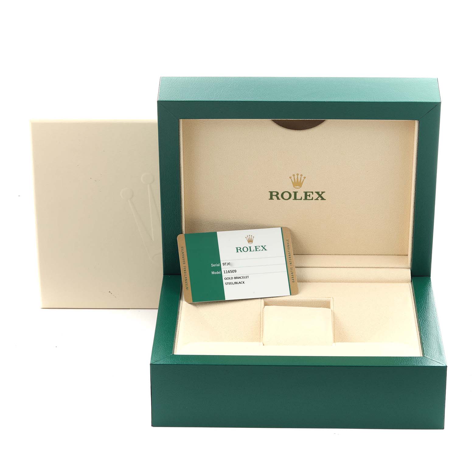 The image shows a Rolex Daytona 116509 Men
s White Gold Grey Dial 116509 Men
s White Gold Grey Dial box, opened, revealing its interior and a branded card.