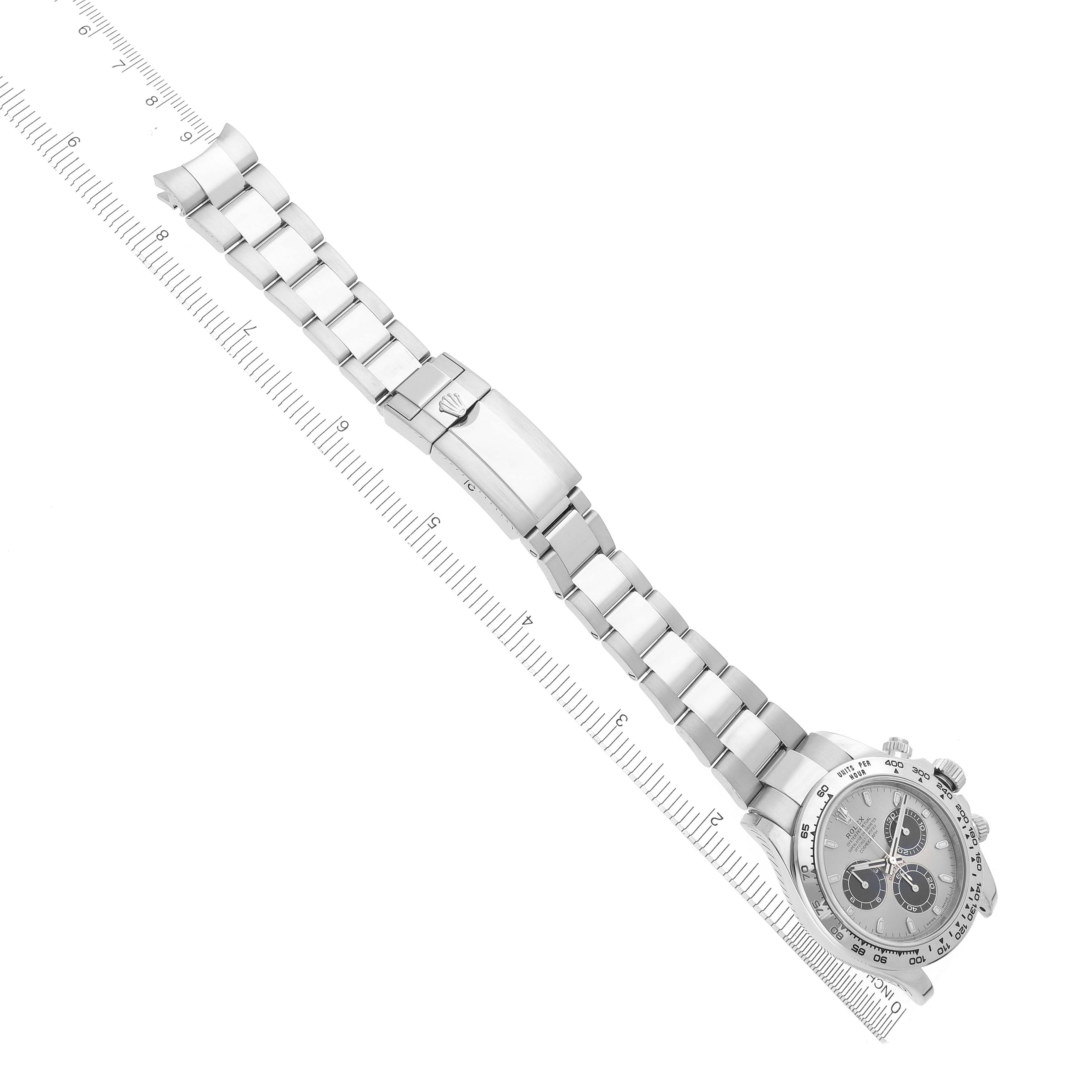 The Rolex Daytona 116509 Men
s White Gold Grey Dial 116509 Men
s White Gold Grey Dial watch is shown from a top angle, revealing the entire band and face alongside a ruler for size reference.