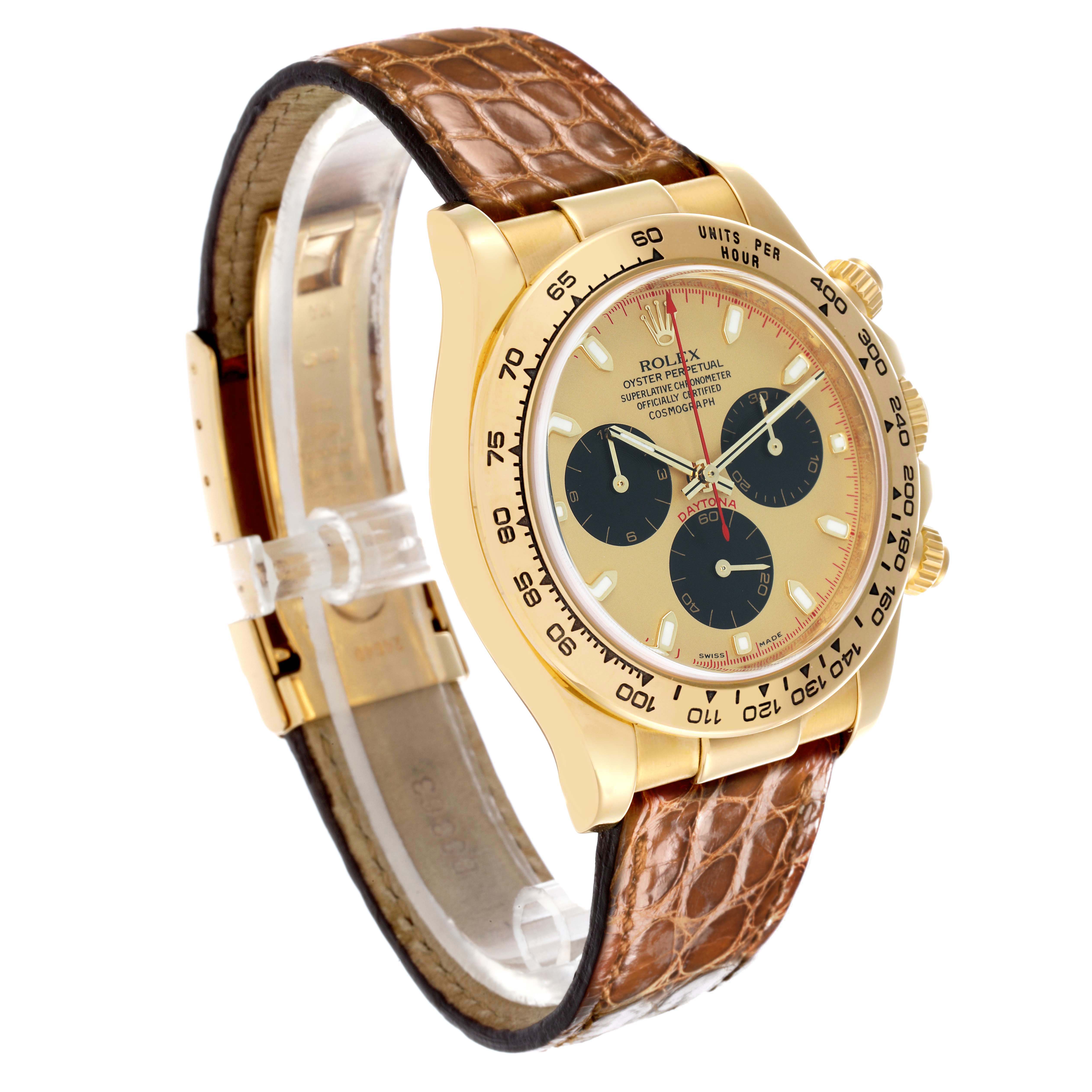 The image shows a side angle of the Rolex Daytona 116518 Men's Yellow Gold Champagne Dial watch, highlighting the gold bezel, brown leather strap, and chronograph subdials.