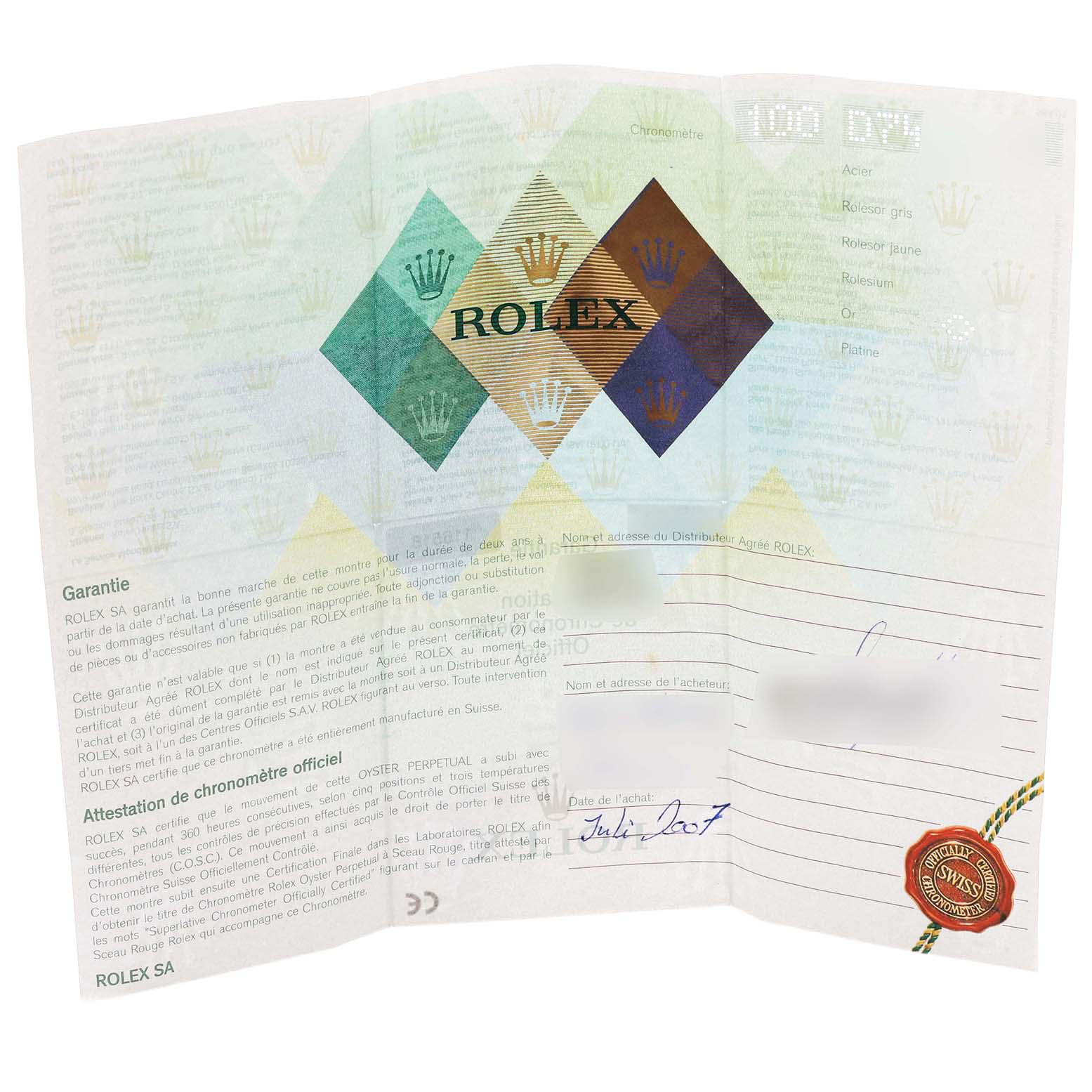 This image shows a warranty certificate for a Rolex Daytona 116518 Men's Yellow Gold Champagne Dial watch, featuring official branding and text.