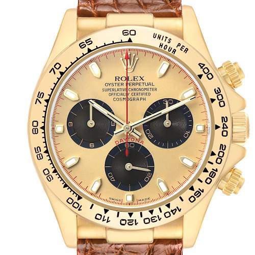 The image shows a frontal view of a Rolex Daytona 116518 Men's Yellow Gold Champagne Dial watch, highlighting the dial, bezel, subdials, and part of the leather strap.