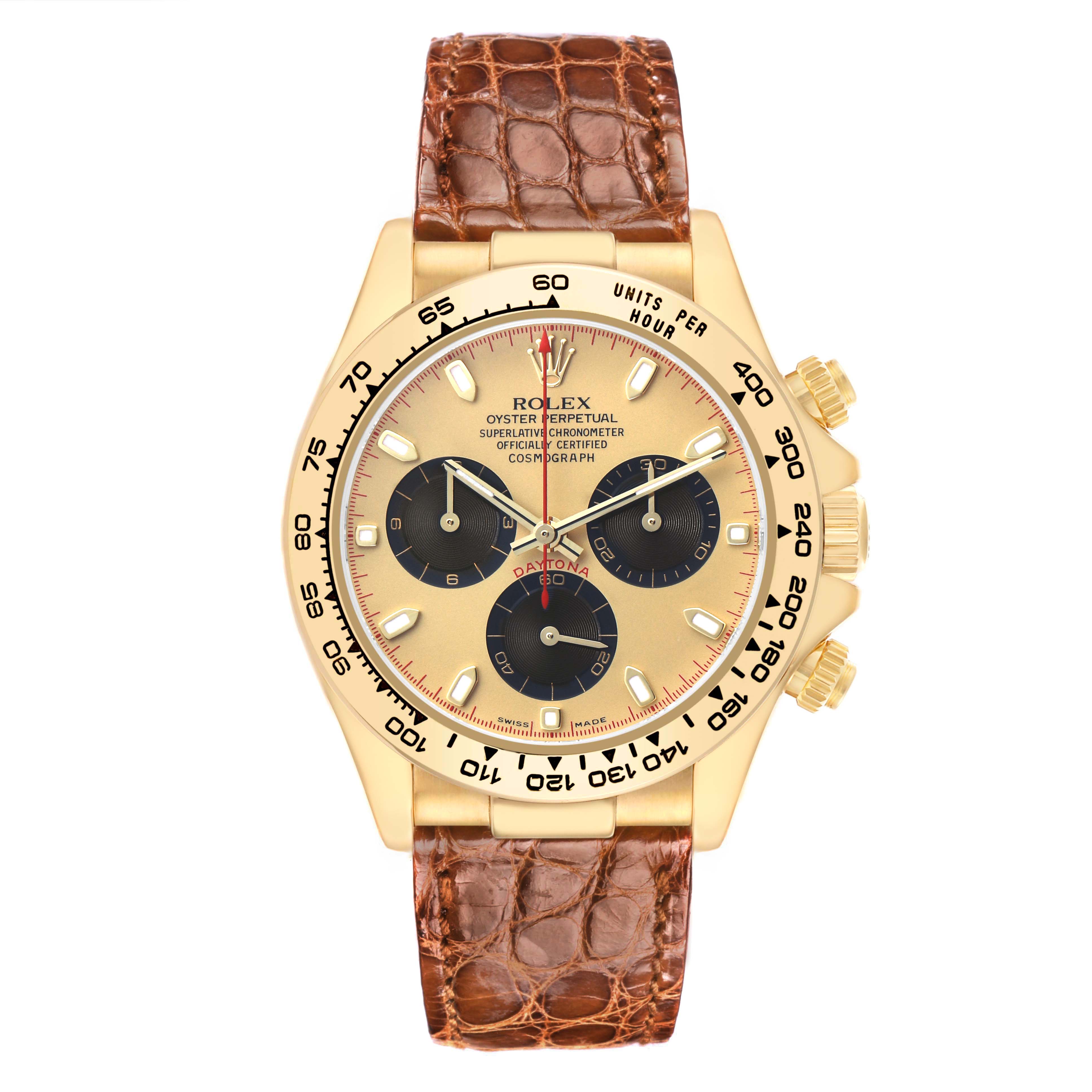 The Rolex Daytona 116518 Men's Yellow Gold Champagne Dial watch is shown from a front angle, displaying its gold case, dial, and brown leather strap.