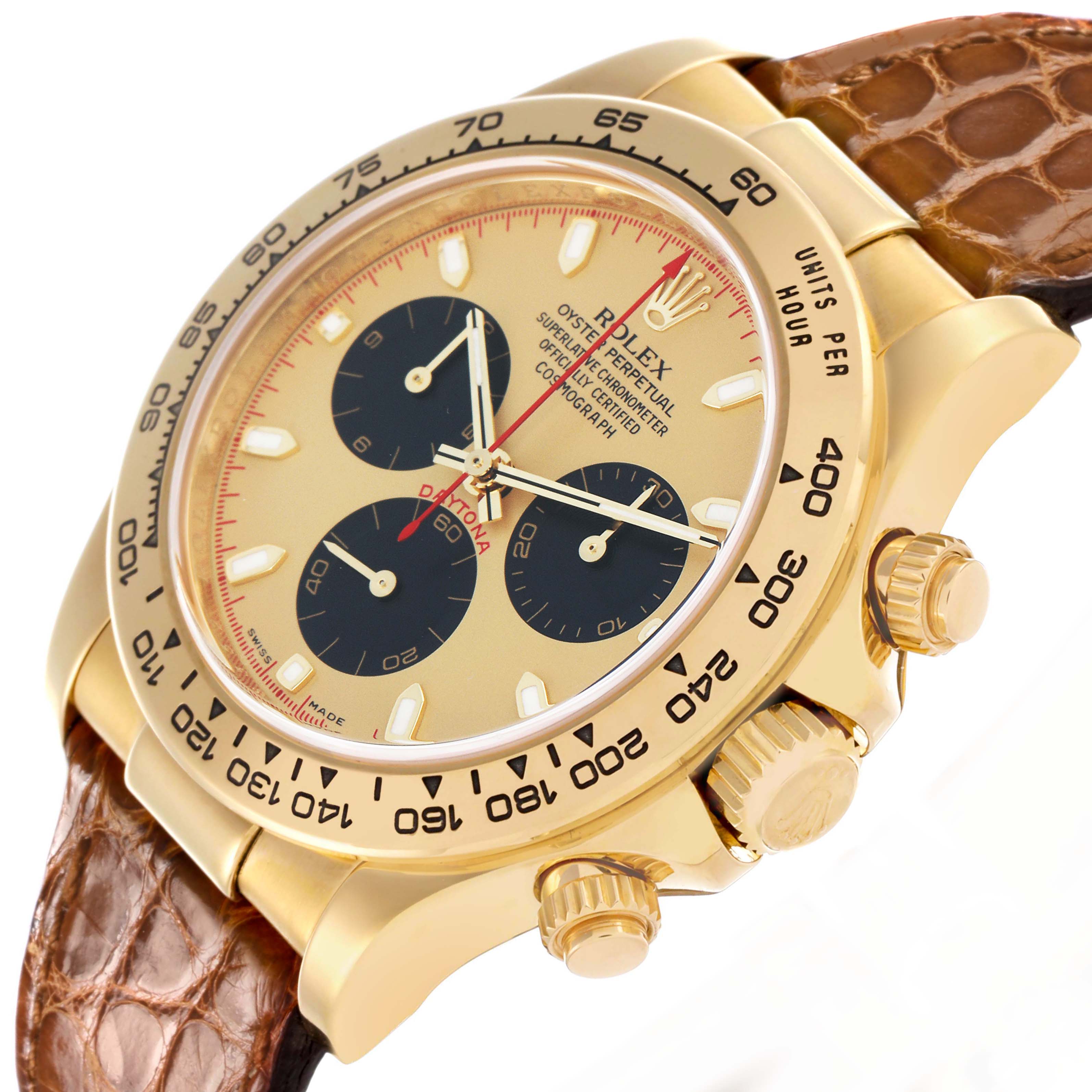 The Rolex Daytona 116518 Men's Yellow Gold Champagne Dial watch is shown at an angled view, displaying the face, bezel, pushers, and part of the strap.