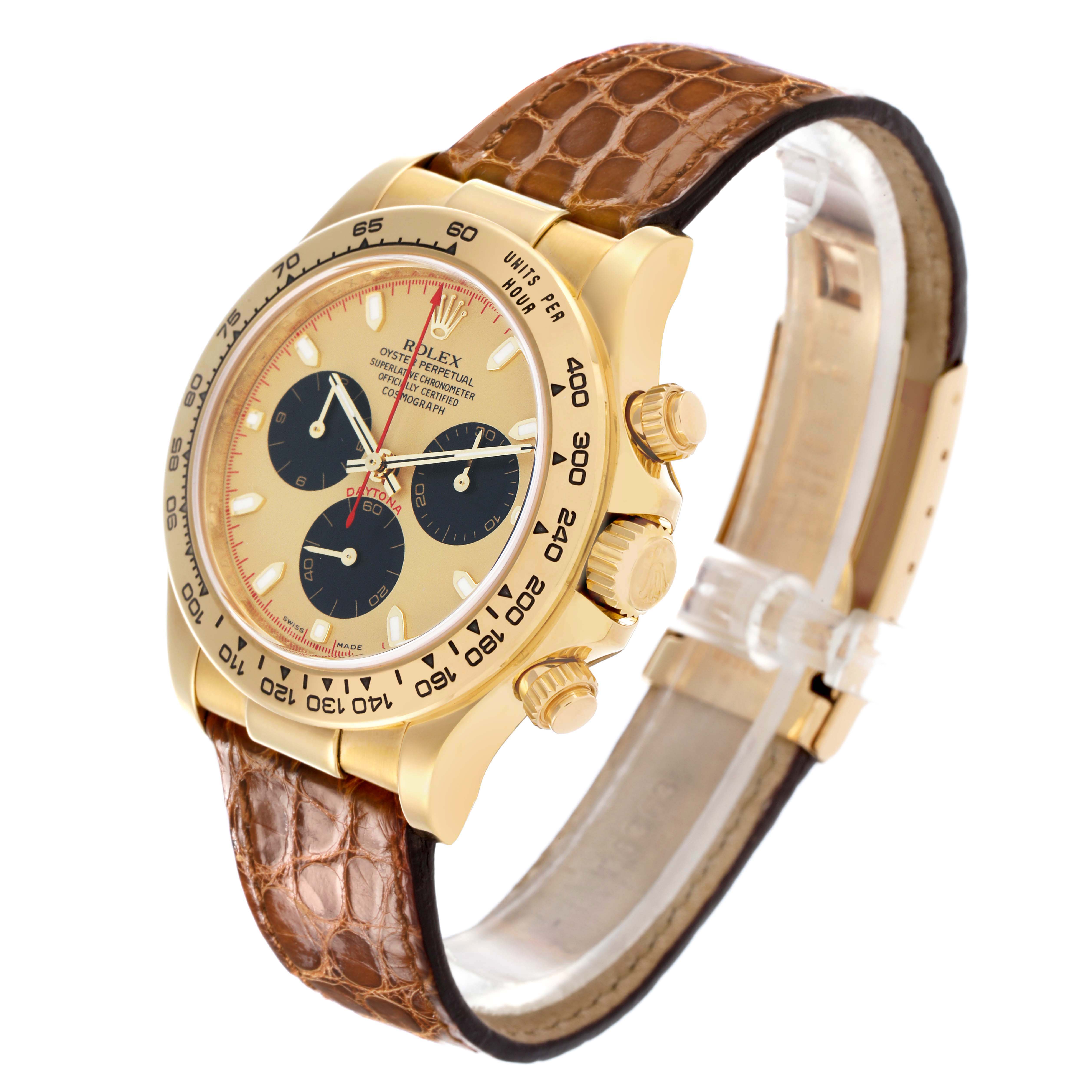 The Rolex Daytona 116518 Men's Yellow Gold Champagne Dial watch is shown at an angled side view, highlighting the dial, bezel, crown, pushers, and leather strap.