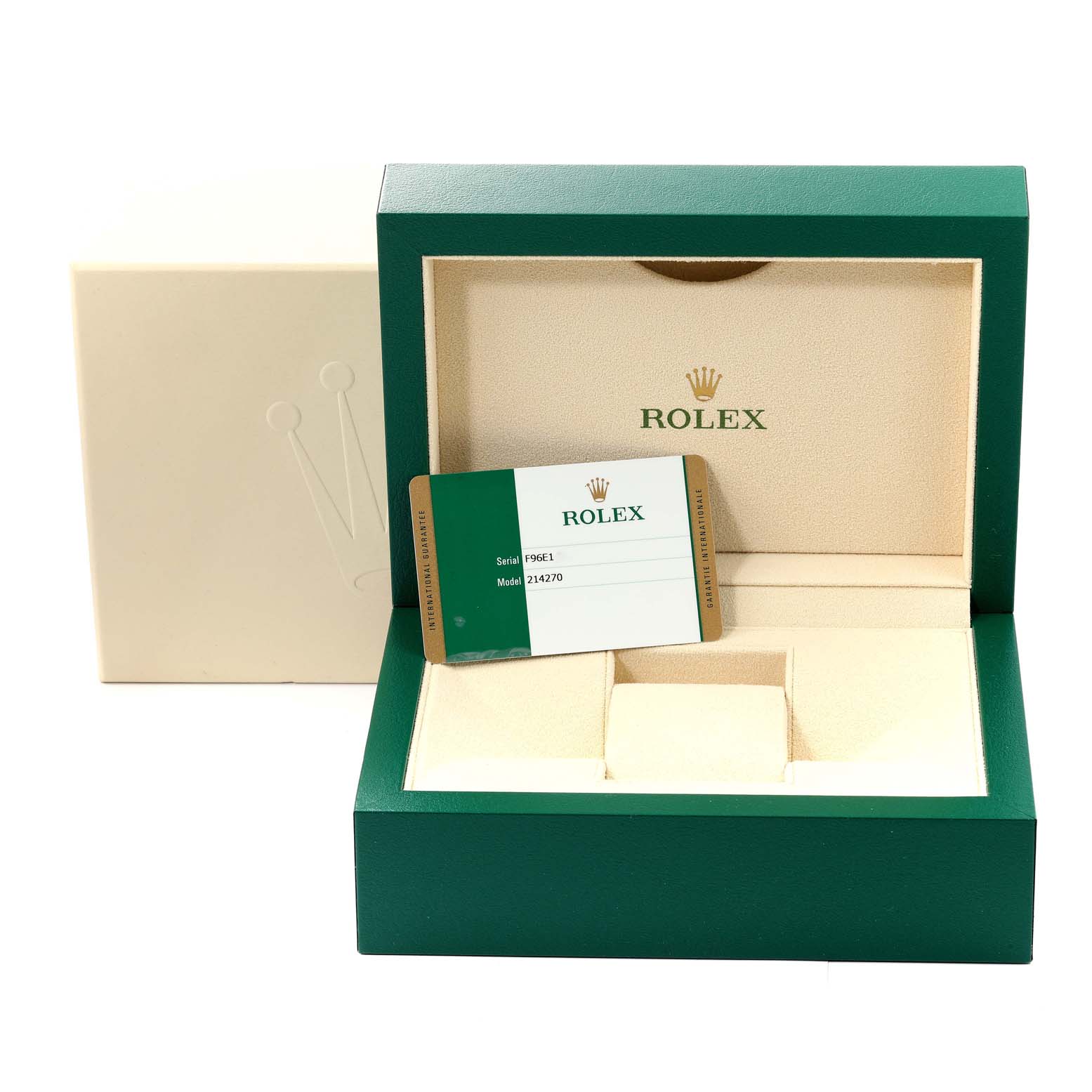 The image shows a Rolex Explorer 214270 Men
s Stainless Steel Black Dial 214270 Men
s Stainless Steel Black Dial watch box and Best Quality
ity card set from a slightly elevated front angle.