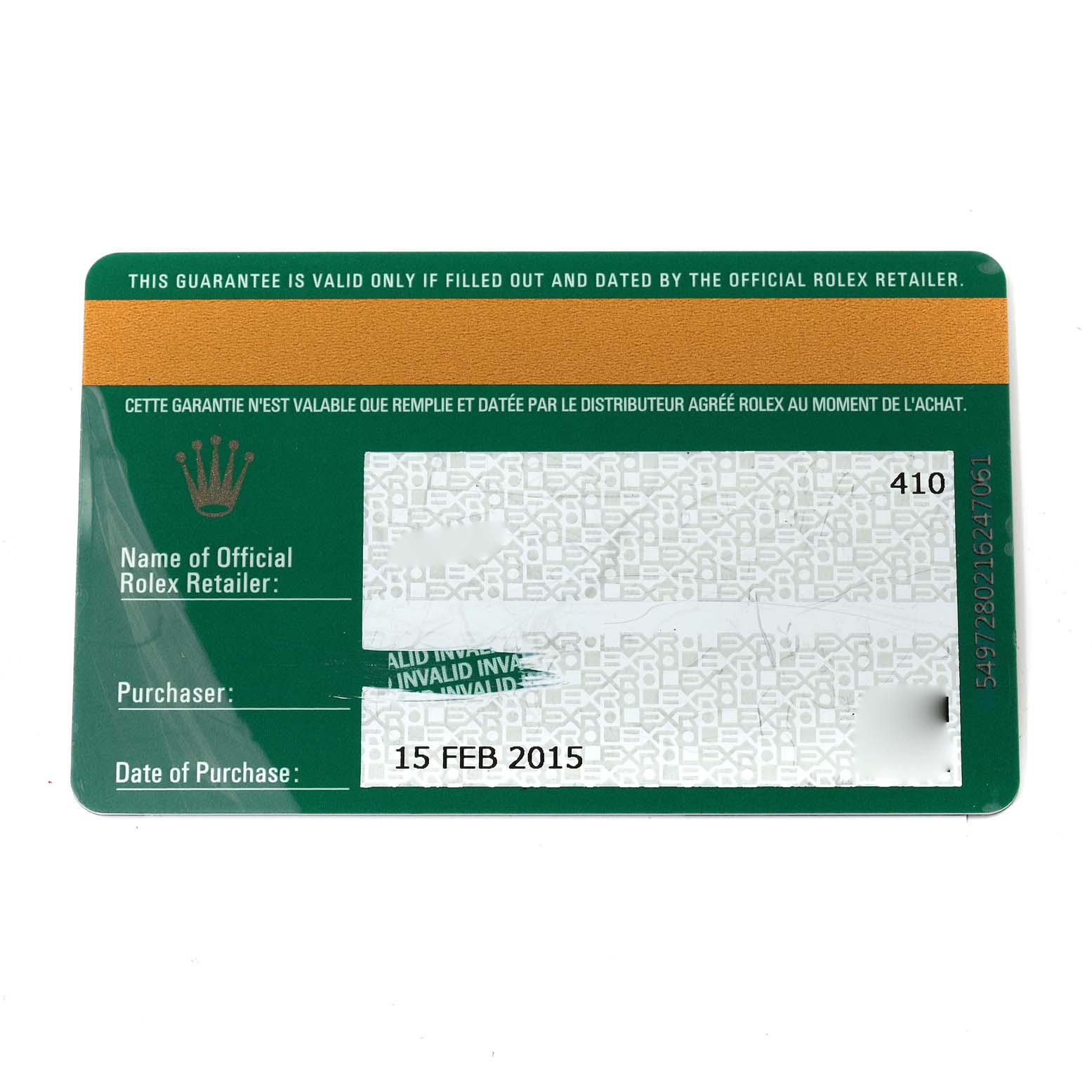 The image shows a warranty card for a Rolex Explorer 214270 Men
s Stainless Steel Black Dial 214270 Men
s Stainless Steel Black Dial watch, featuring purchase details and an authorized retailer
s name.