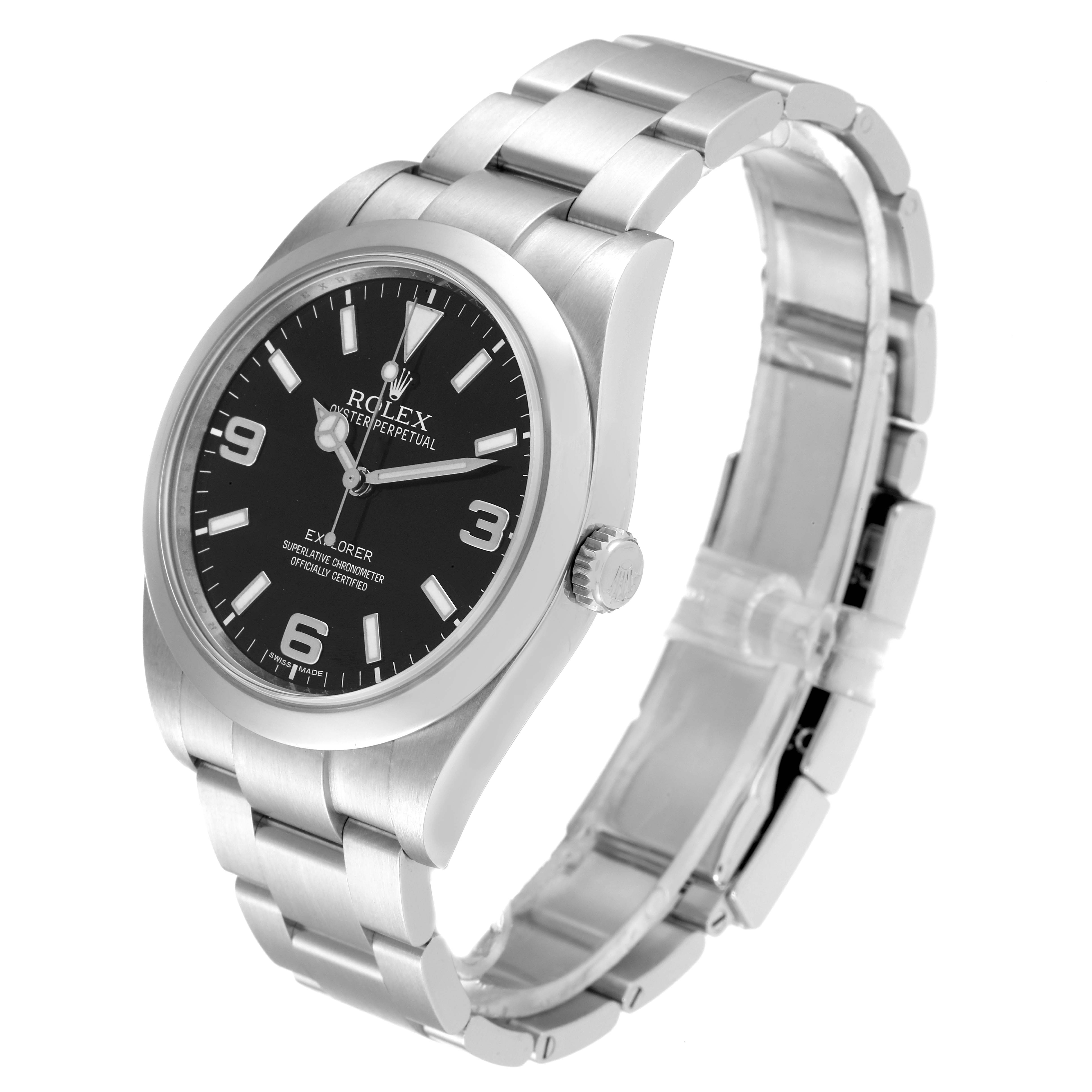 The image shows a Rolex Explorer 214270 Men
s Stainless Steel Black Dial 214270 Men
s Stainless Steel Black Dial watch at a 3/4 angle, highlighting the face, crown, and bracelet.