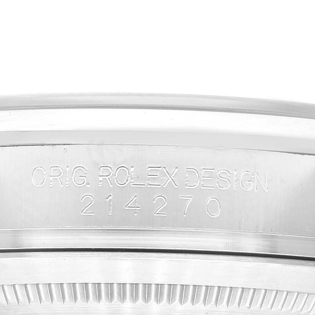 This image shows a close-up view of the side engraving on a Rolex Explorer 214270 Men
s Stainless Steel Black Dial 214270 Men
s Stainless Steel Black Dial watch, displaying the model number "214270".