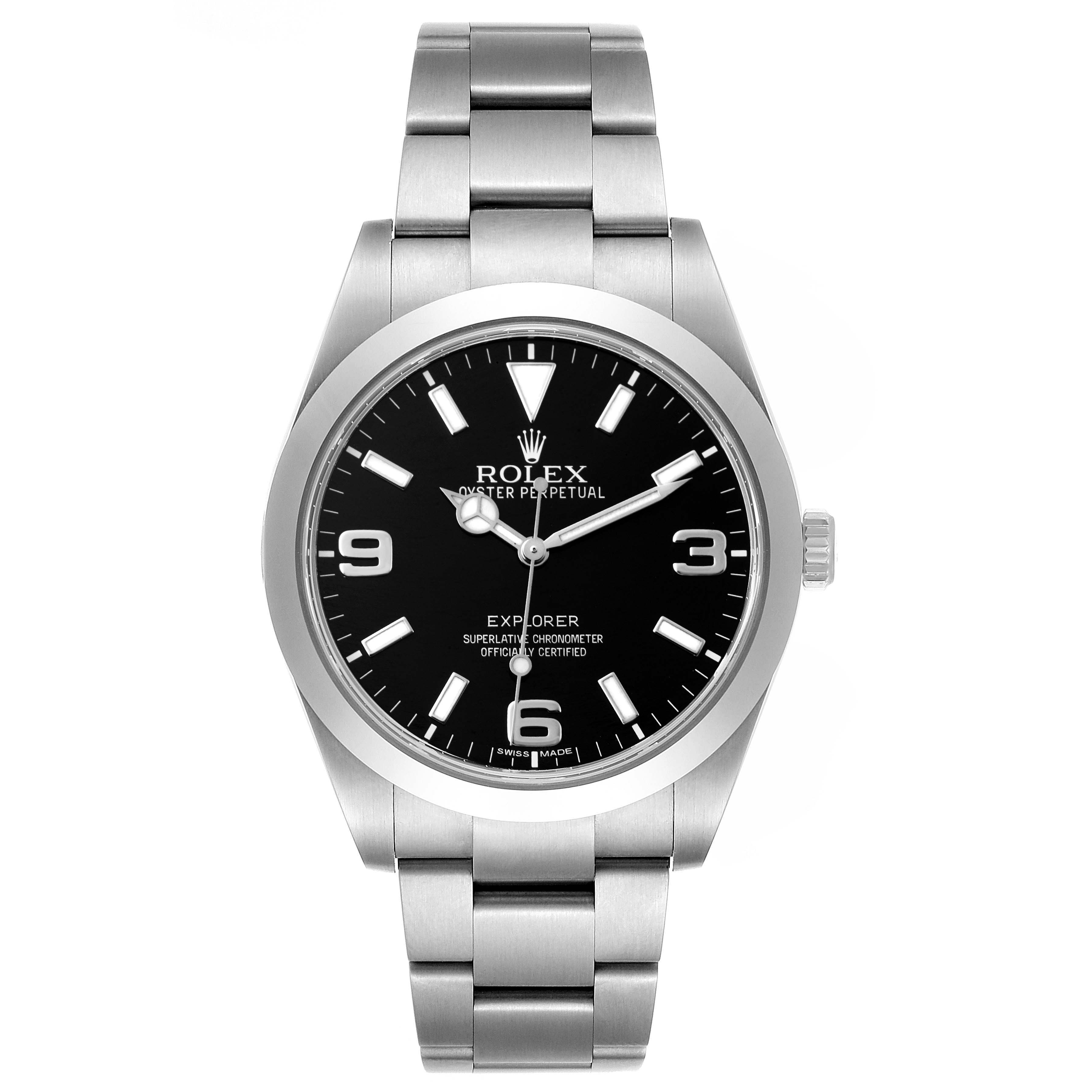 The Rolex Explorer 214270 Men
s Stainless Steel Black Dial 214270 Men
s Stainless Steel Black Dial watch is shown from the front, displaying its black dial, stainless steel case, and band.