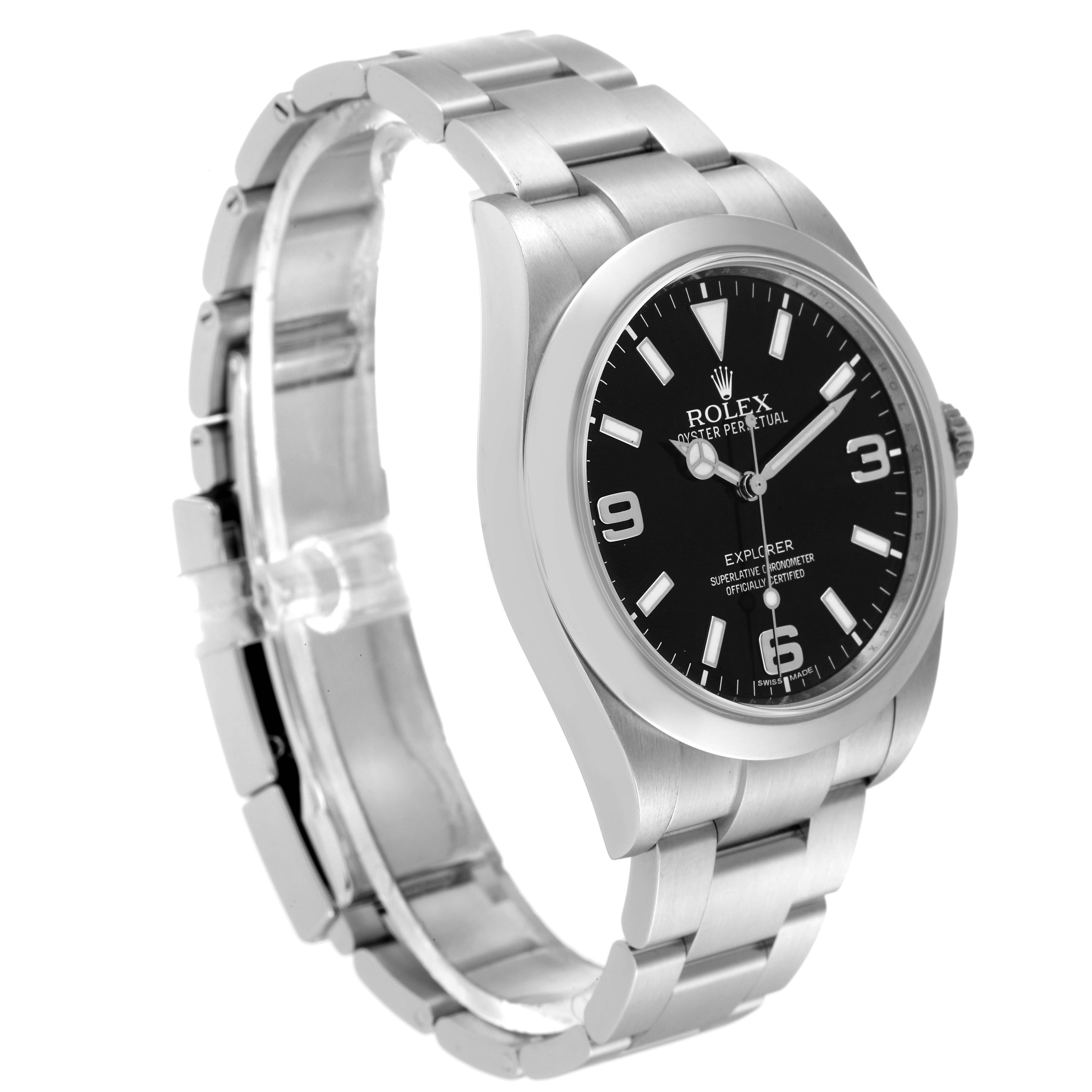 This image shows a Rolex Explorer 214270 Men
s Stainless Steel Black Dial 214270 Men
s Stainless Steel Black Dial watch at a three-quarter angle, focusing on the watch face, bezel, and bracelet.