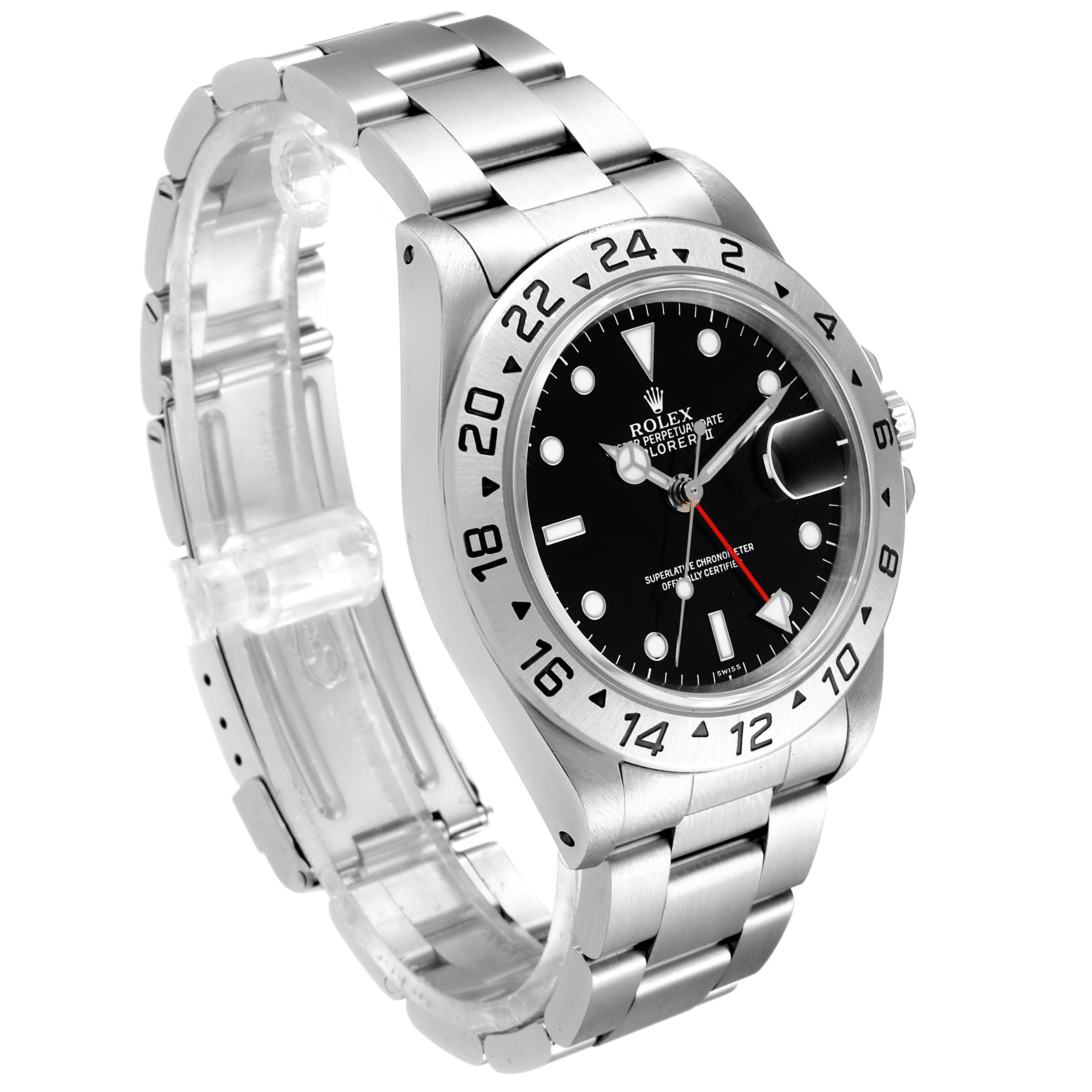 The image shows a Rolex Explorer 16570 Men
s Stainless Steel Black Dial 16570 Men
s Stainless Steel Black Dial watch at a three-quarter angle, featuring its bezel, dial, and metal bracelet.