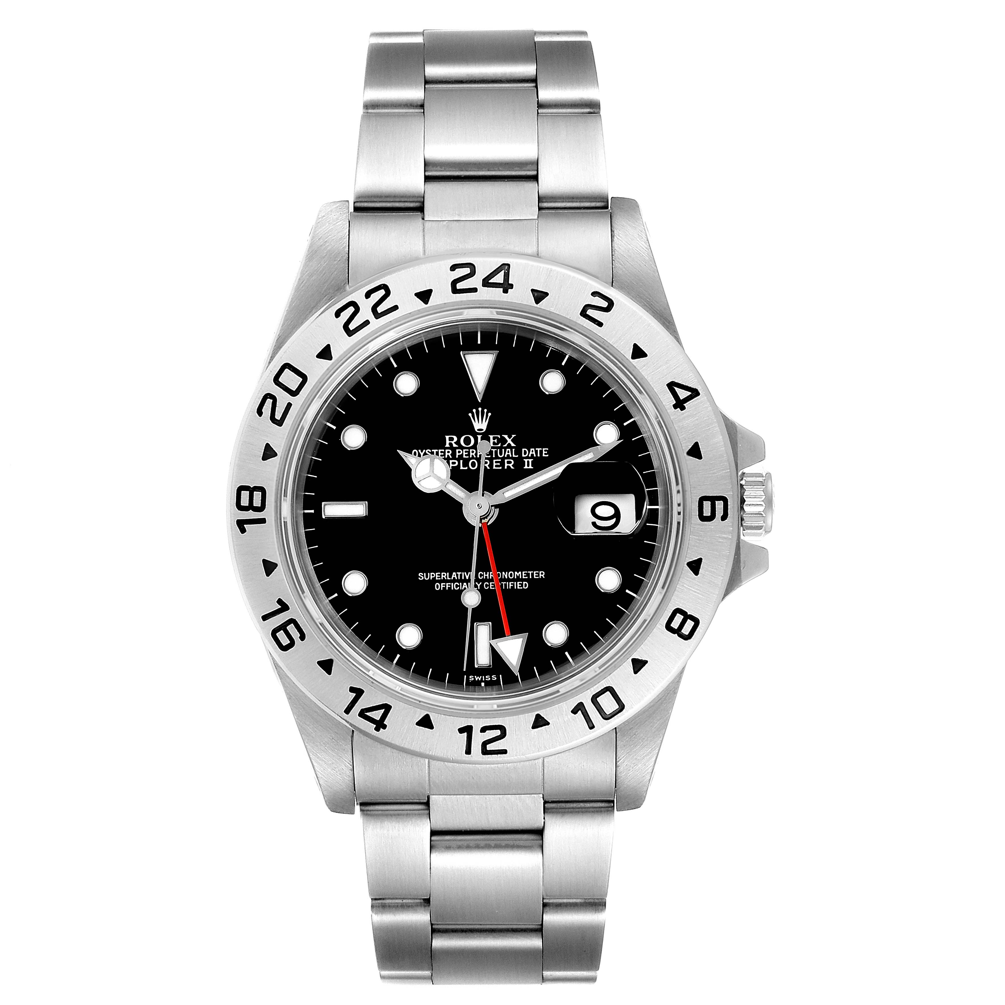 The image shows a front view of a Rolex Explorer 16570 Men
s Stainless Steel Black Dial 16570 Men
s Stainless Steel Black Dial watch displaying its bezel, dial, hands, bracelet, and crown.
