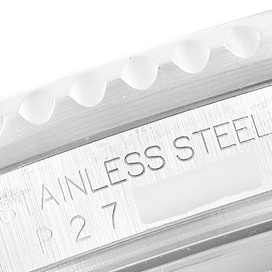 This close-up image shows the side engraving on the case of a Rolex GMT-Master 16710 Men
s Stainless Steel Black Dial 16710 Men
s Stainless Steel Black Dial watch, highlighting "STAINLESS STEEL."
