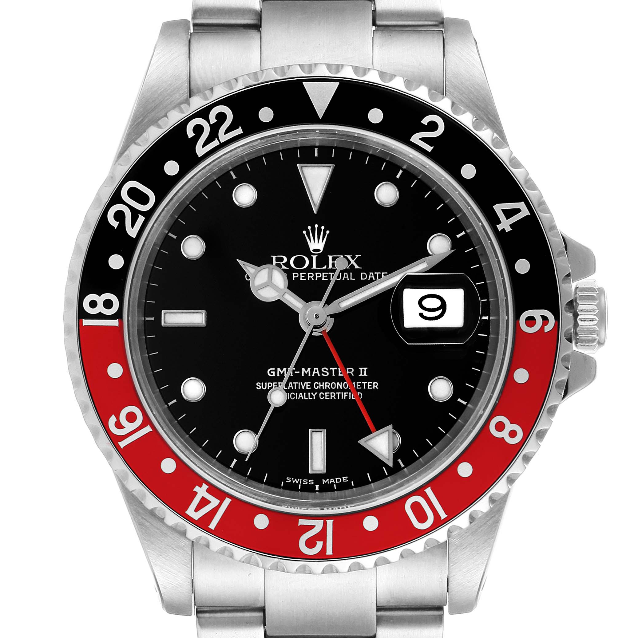 This image shows a front view of a Rolex GMT-Master 16710 Men
s Stainless Steel Black Dial 16710 Men
s Stainless Steel Black Dial II watch, highlighting its black dial, red and black bezel, and date display.