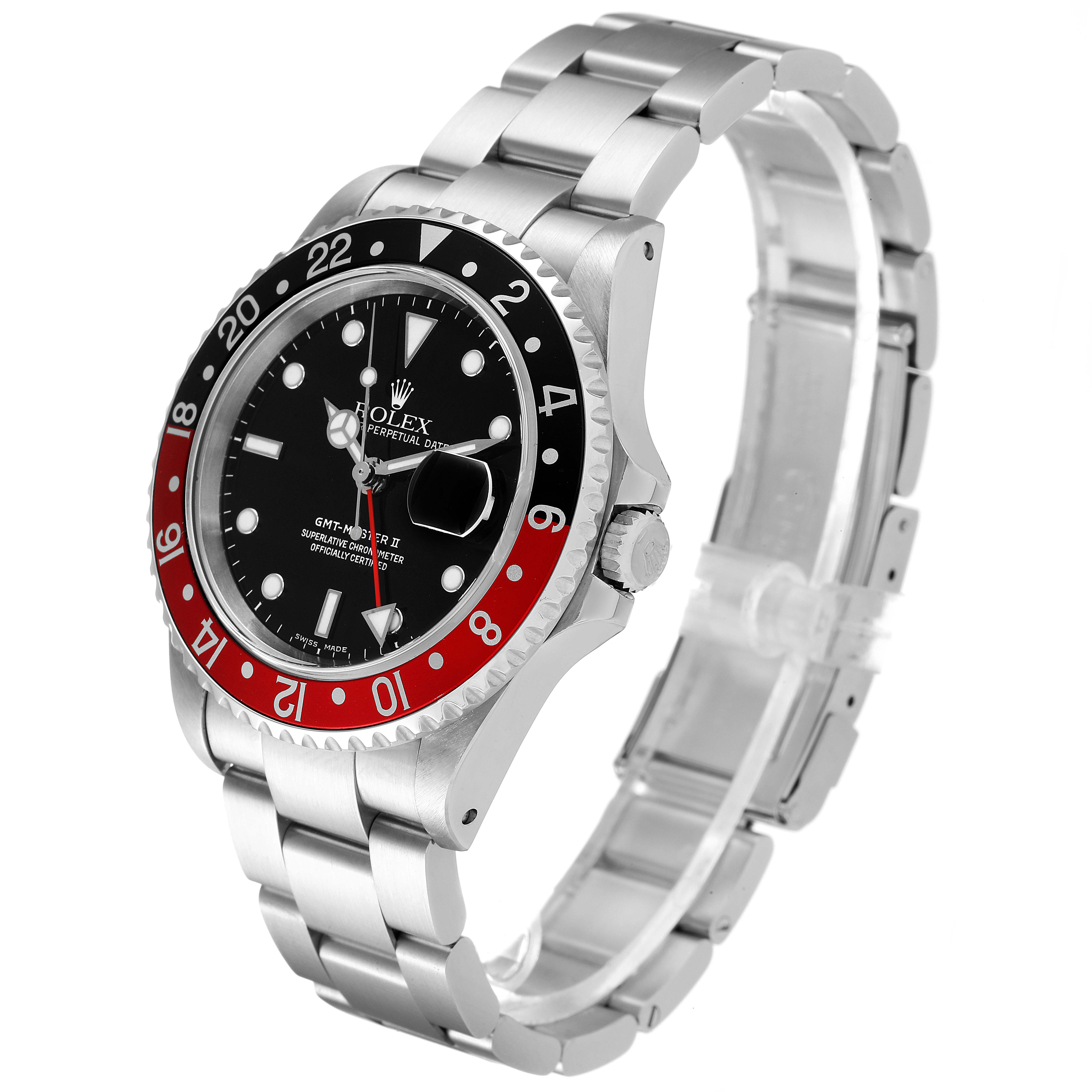 The Rolex GMT-Master 16710 Men
s Stainless Steel Black Dial 16710 Men
s Stainless Steel Black Dial watch is shown at a three-quarter angle, highlighting the face, bezel, and bracelet.