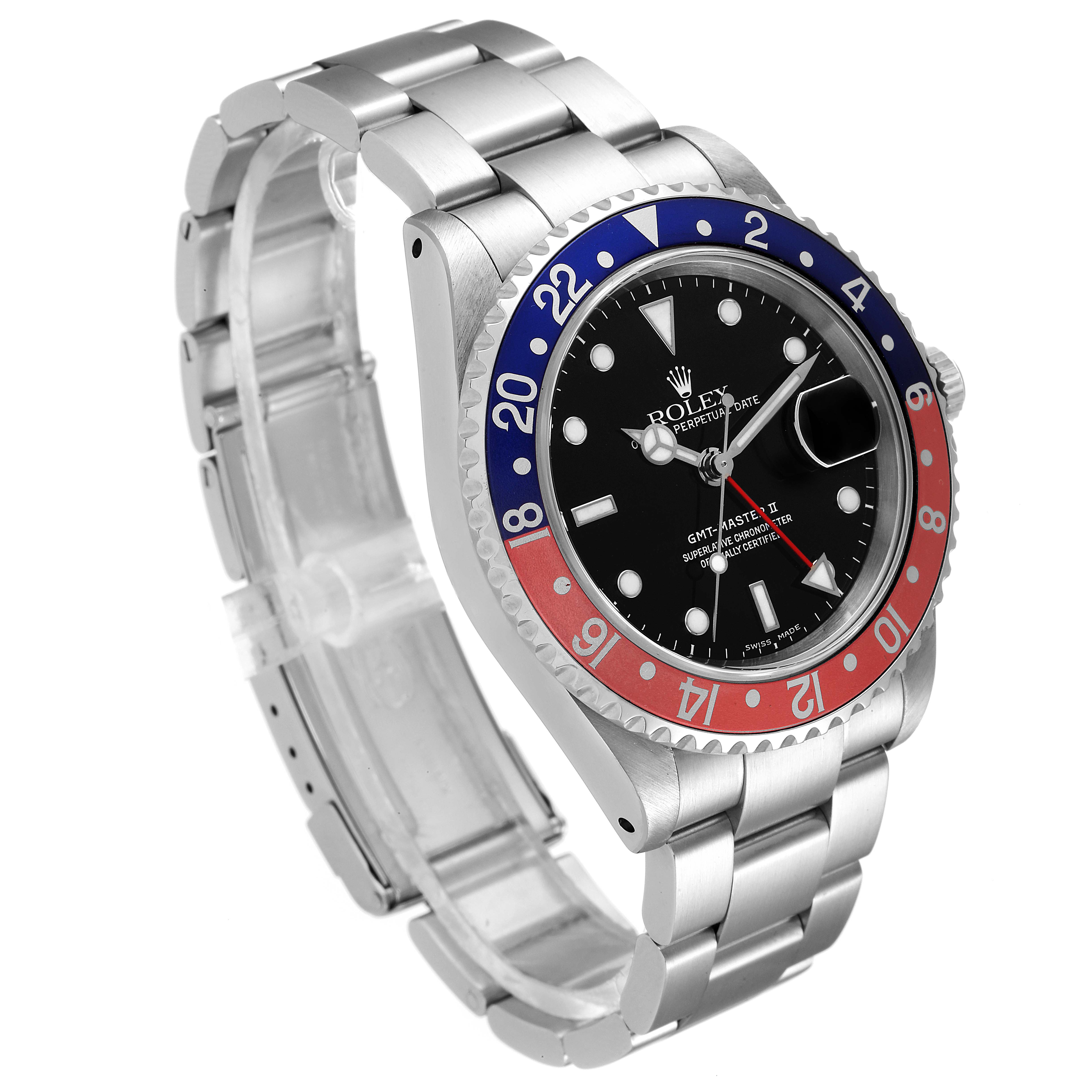 The image shows a Rolex GMT-Master 16710 Men
s Stainless Steel Black Dial 16710 Men
s Stainless Steel Black Dial watch from an angled top view, highlighting its bezel, dial, and bracelet.