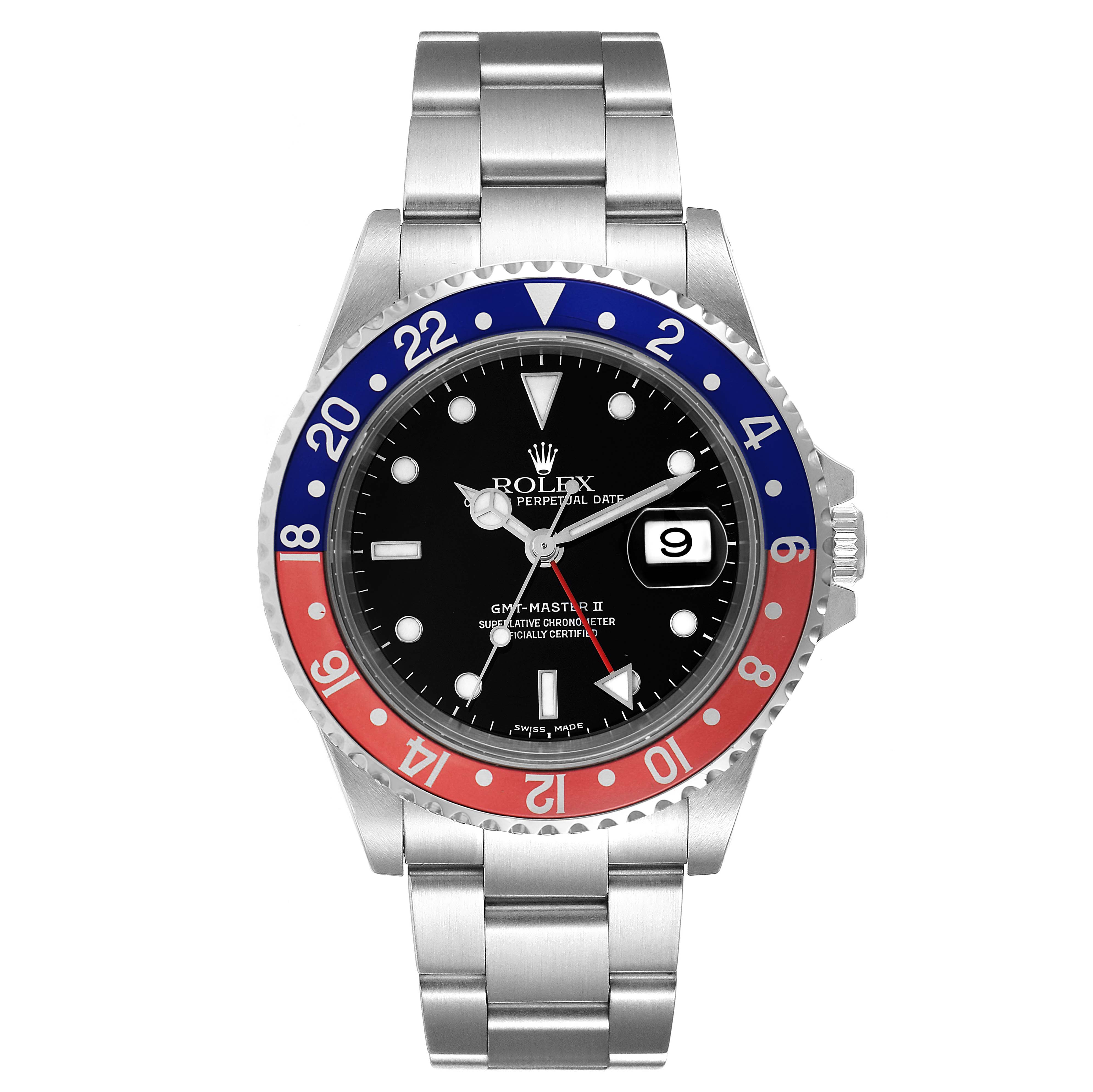 This image shows a front view of the Rolex GMT-Master 16710 Men
s Stainless Steel Black Dial 16710 Men
s Stainless Steel Black Dial II watch, showcasing the dial, hands, date window, bezel, and bracelet.