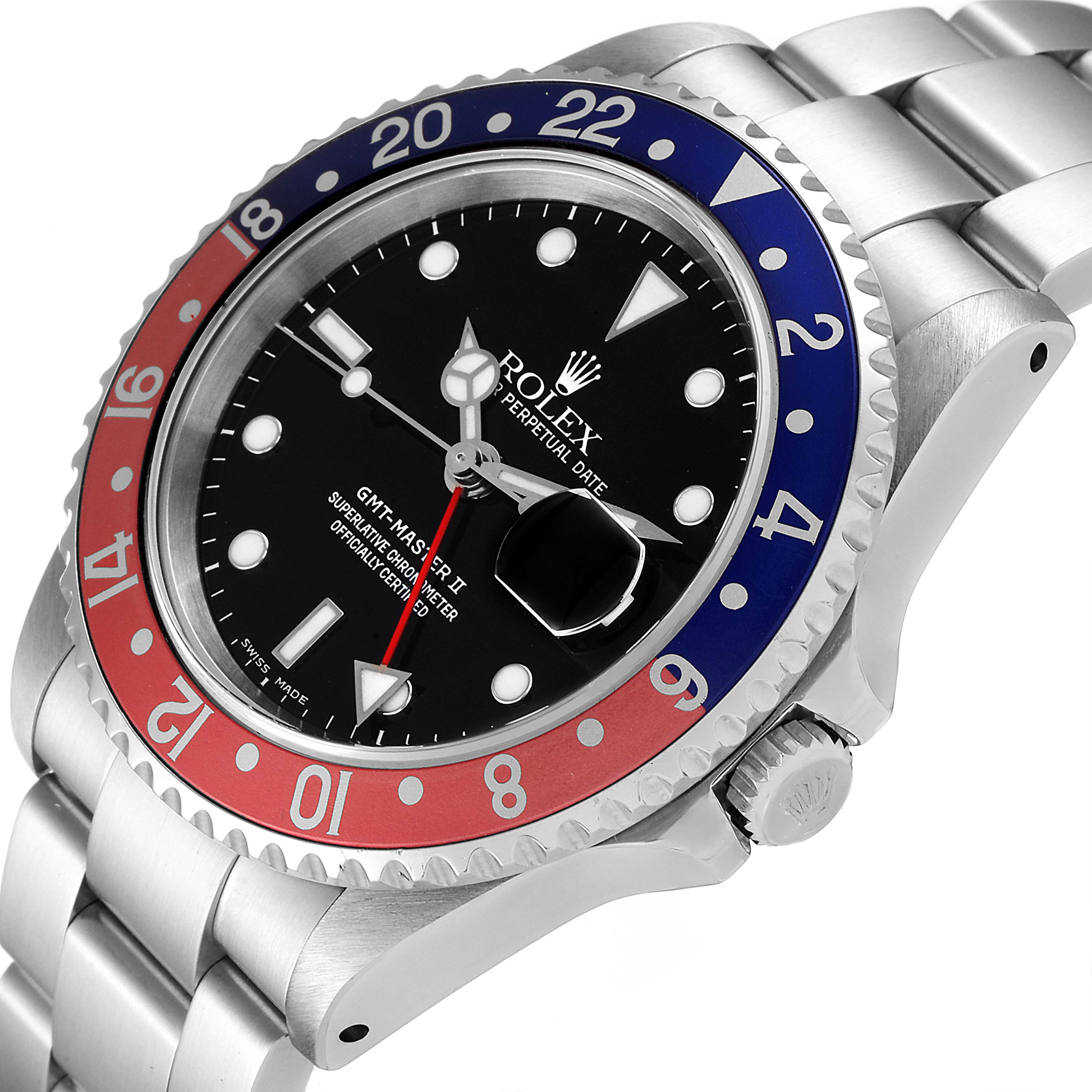 The image shows a Rolex GMT-Master 16710 Men
s Stainless Steel Black Dial 16710 Men
s Stainless Steel Black Dial II watch at an angled view, highlighting the bezel, dial, crown, and bracelet.
