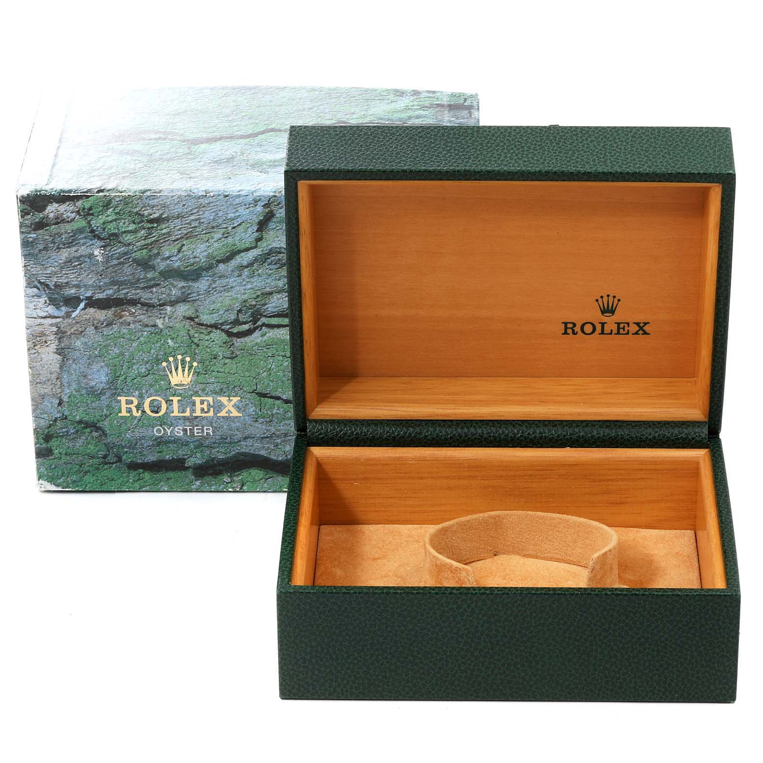 The image shows an open green Rolex watch box for the GMT-Master model, with the outer box beside it.