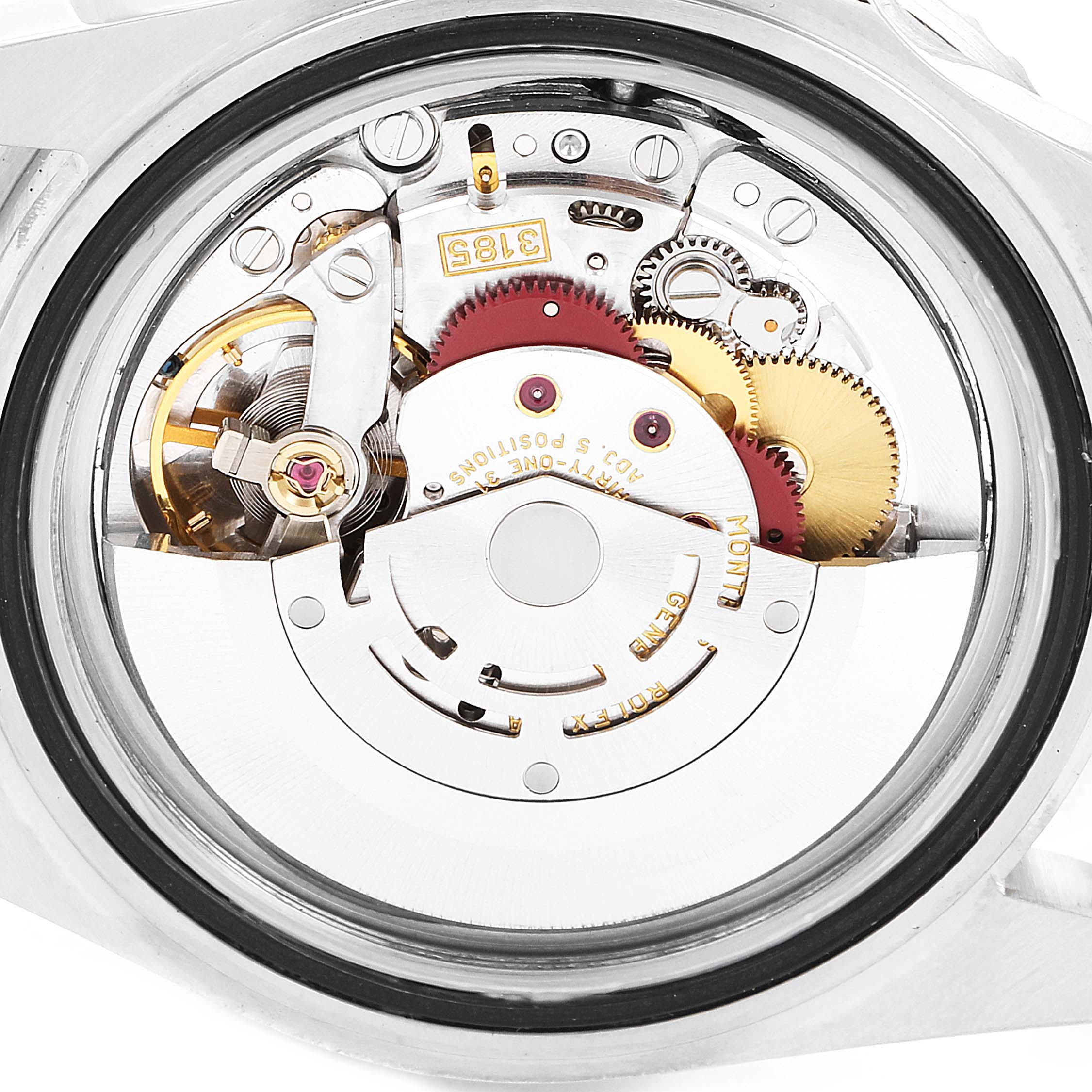 The image shows the detailed movement mechanism of a Rolex GMT-Master 16710 Men
s Stainless Steel Black Dial 16710 Men
s Stainless Steel Black Dial watch from a rear angle.