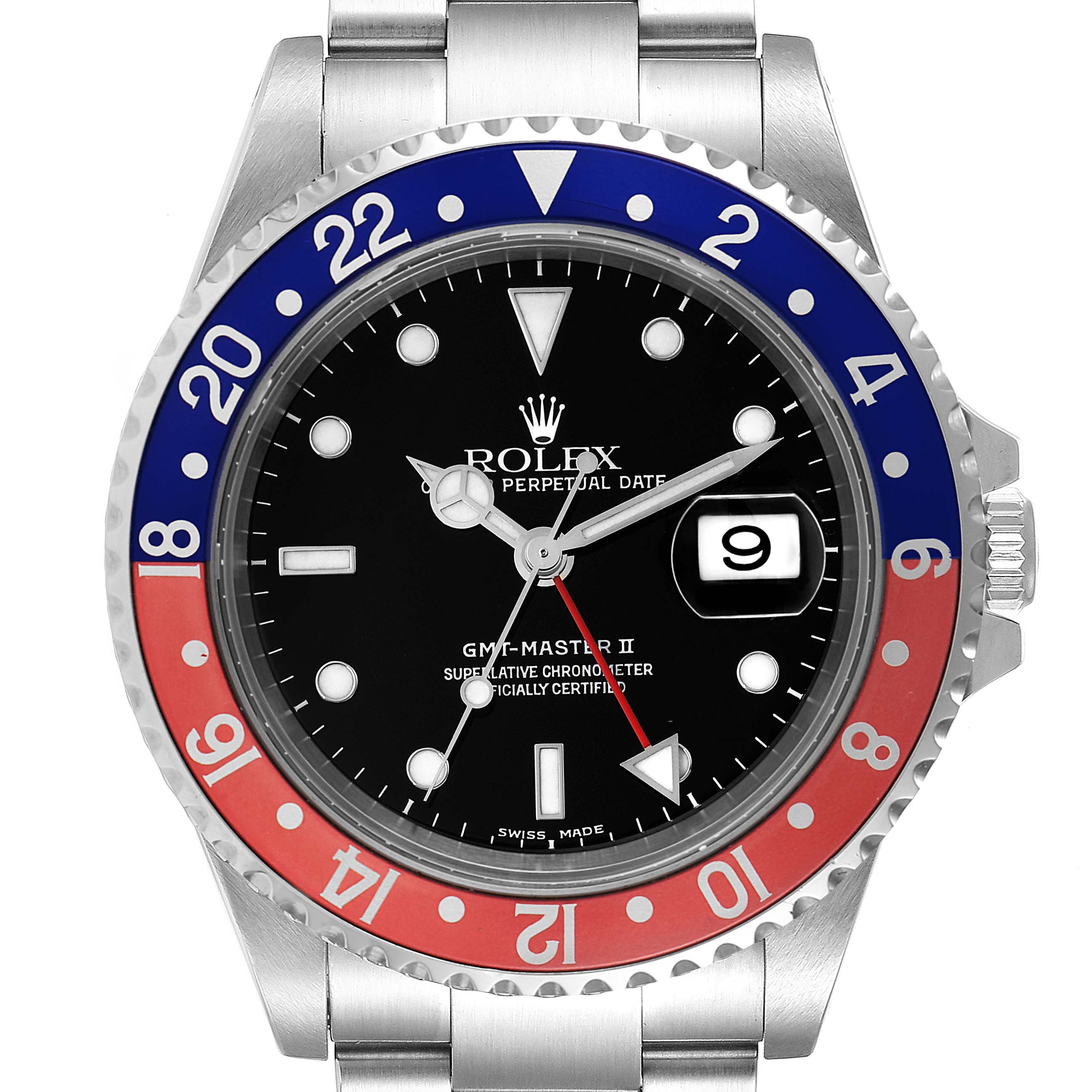 The image shows a front view of a Rolex GMT-Master 16710 Men
s Stainless Steel Black Dial 16710 Men
s Stainless Steel Black Dial II watch highlighting the bezel, dial, and part of the bracelet.