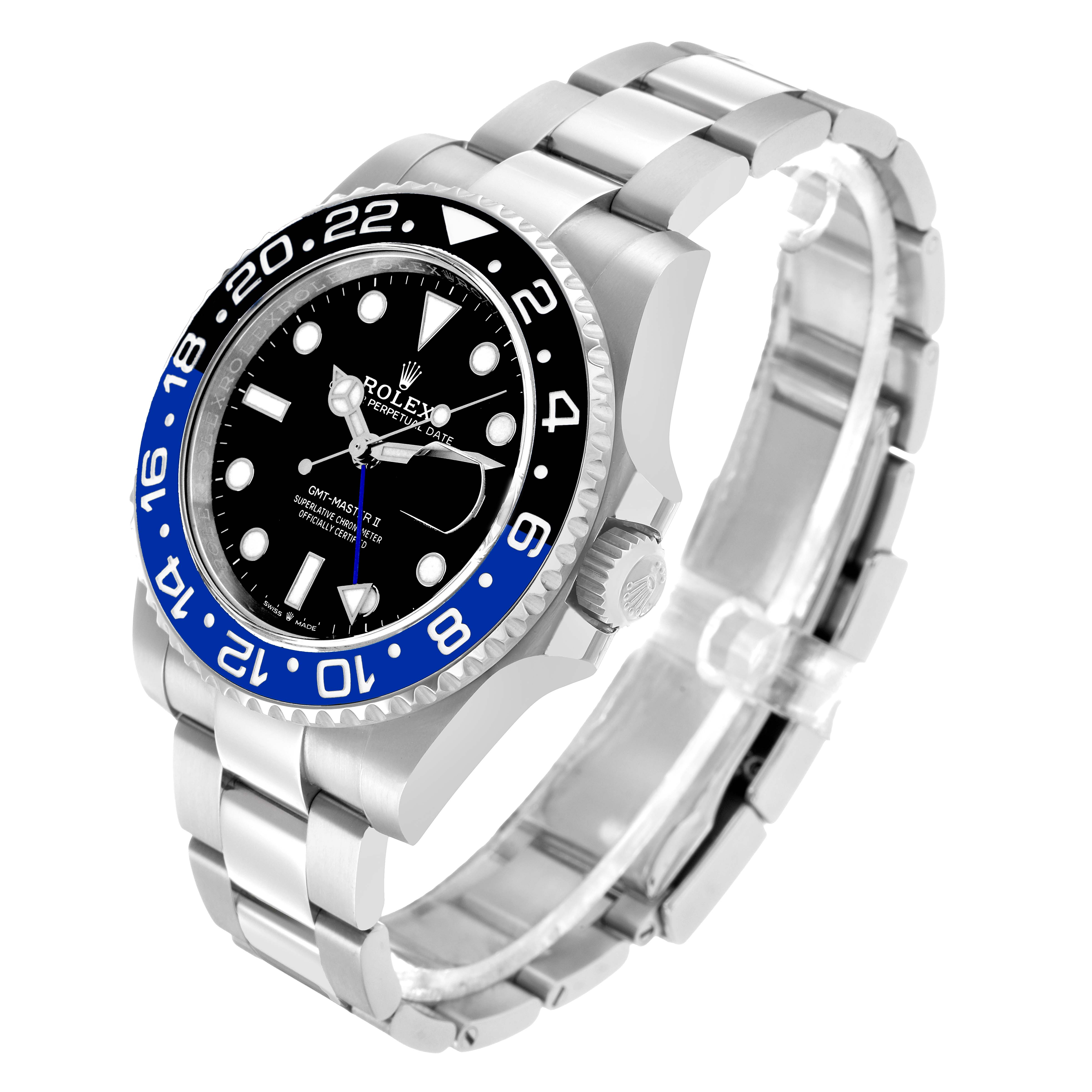 The Rolex GMT-Master 126710 Men's Stainless Steel Black Dial watch is shown at a three-quarter angle, displaying the bezel, crown, dial, and bracelet.