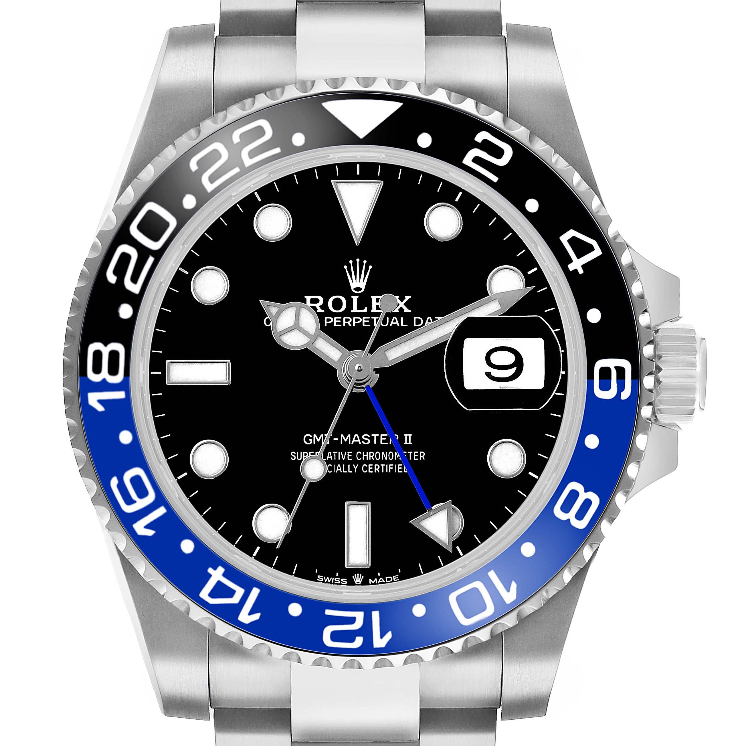 The Rolex GMT-Master 126710 Men's Stainless Steel Black Dial II watch is shown from the front, displaying the black dial, blue and black bezel, and Cyclops date window.