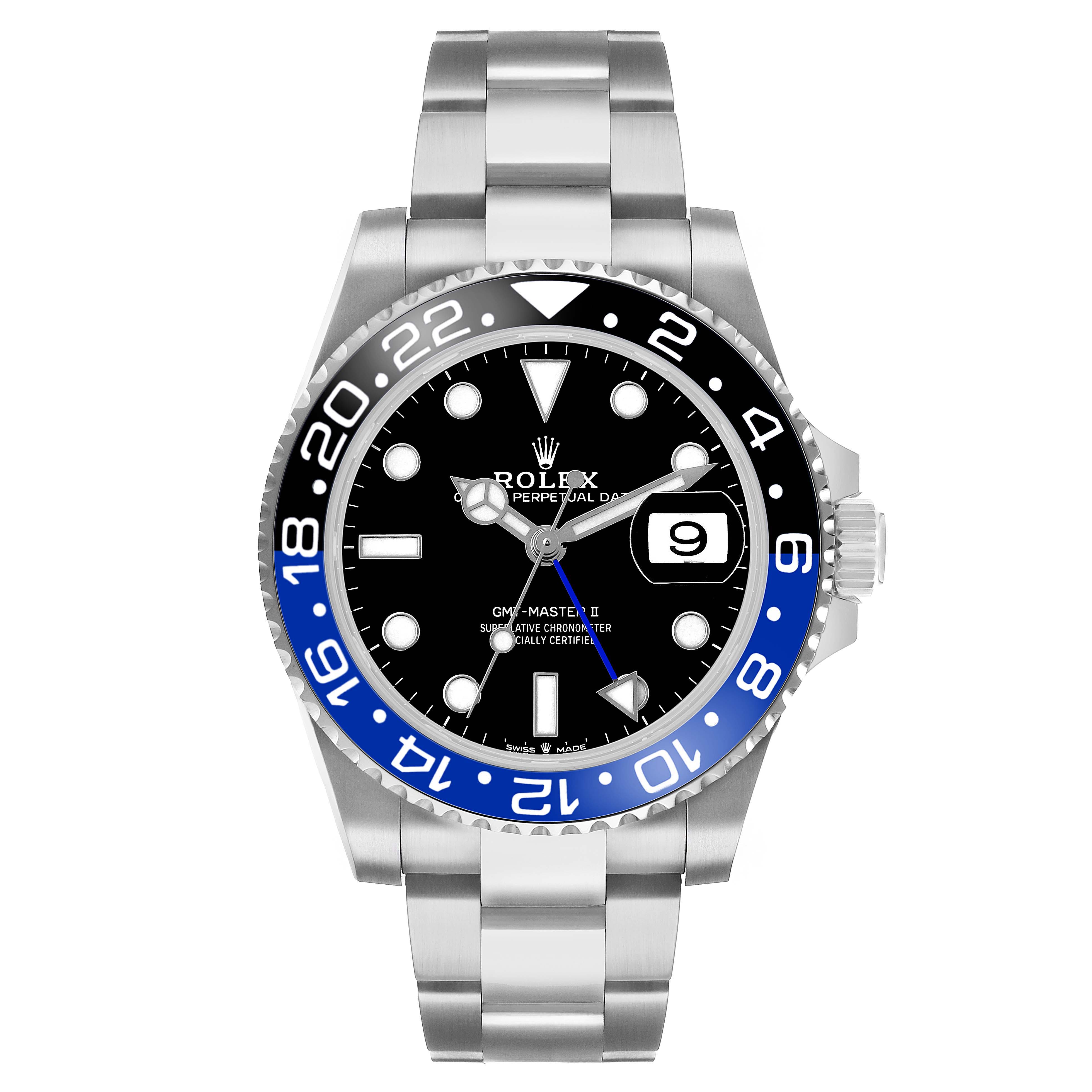 The Rolex GMT-Master 126710 Men's Stainless Steel Black Dial model is shown from the front, displaying the bezel, dial, hands, and bracelet.