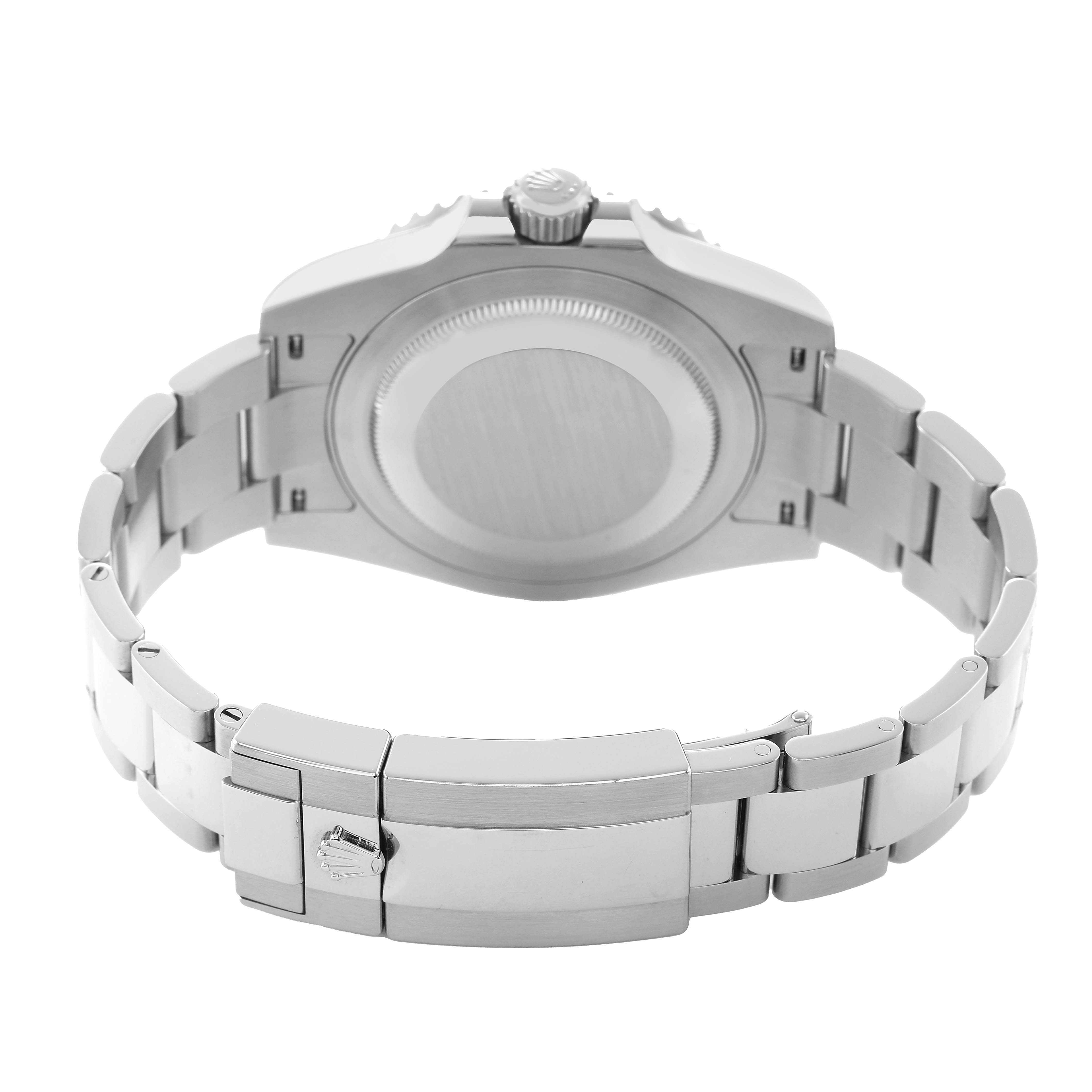 The image shows the back view of a Rolex GMT-Master 126710 Men's Stainless Steel Black Dial watch, focusing on the case back and bracelet.