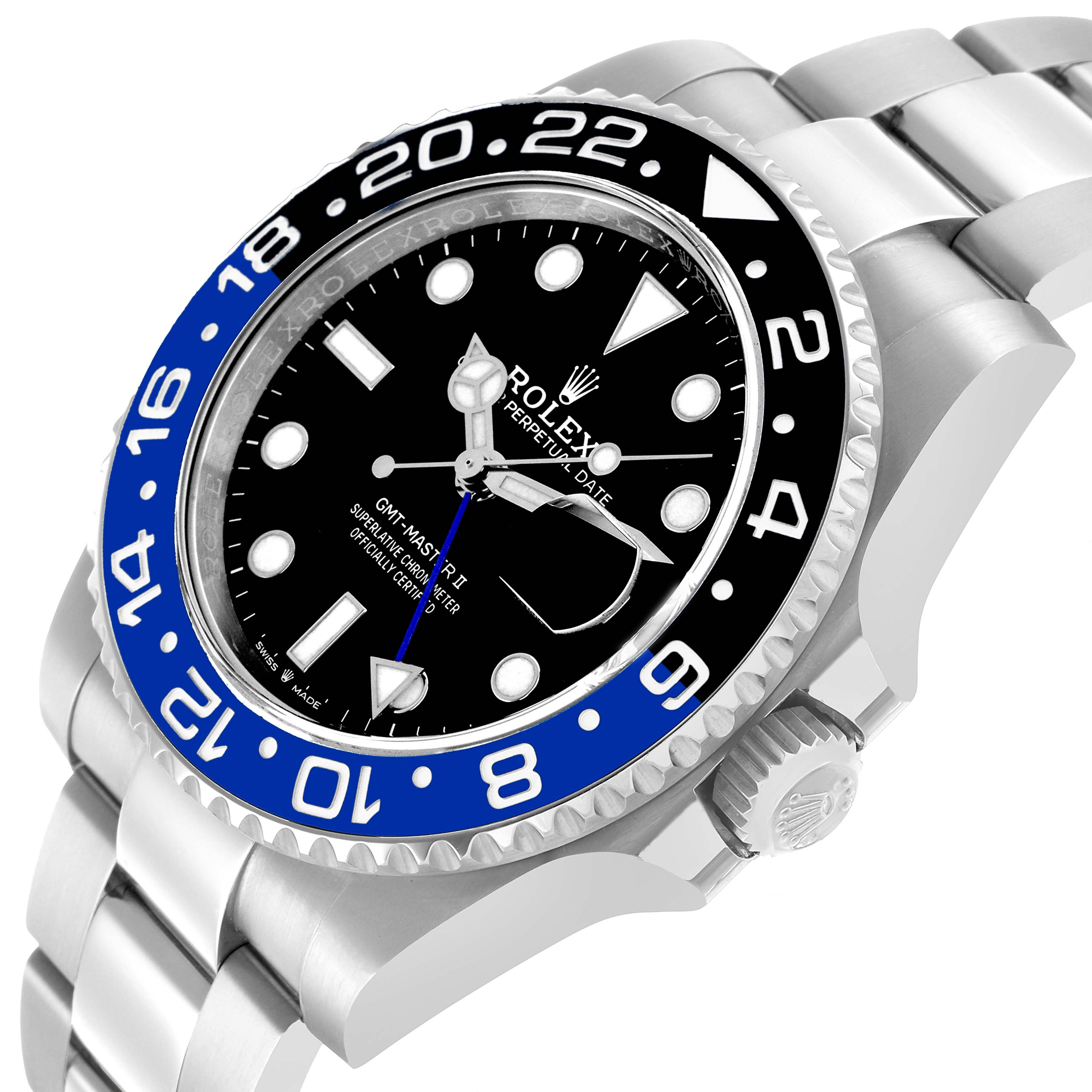 The Rolex GMT-Master 126710 Men's Stainless Steel Black Dial watch is shown from a three-quarter angle, displaying its bezel, dial, crown, and bracelet.
