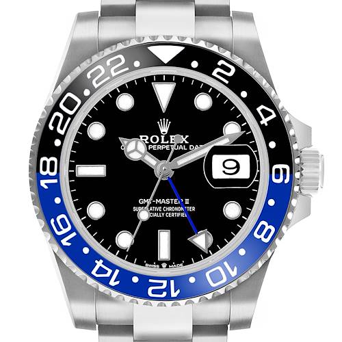 The Rolex GMT-Master 126710 Men's Stainless Steel Black Dial watch is shown from the front, highlighting the bezel, dial, date window, and part of the bracelet.