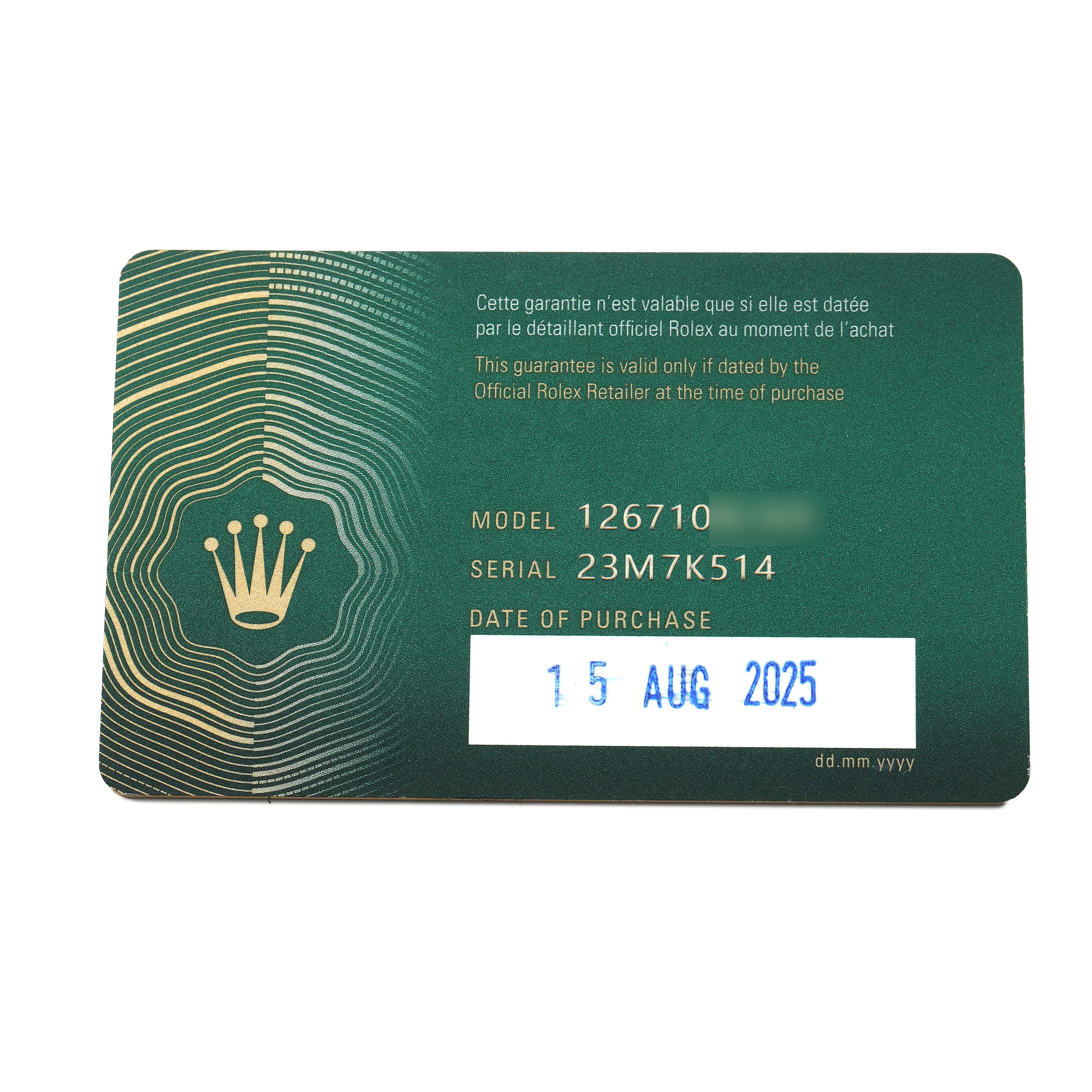 This image shows a Rolex warranty card for the GMT-Master model 126710.