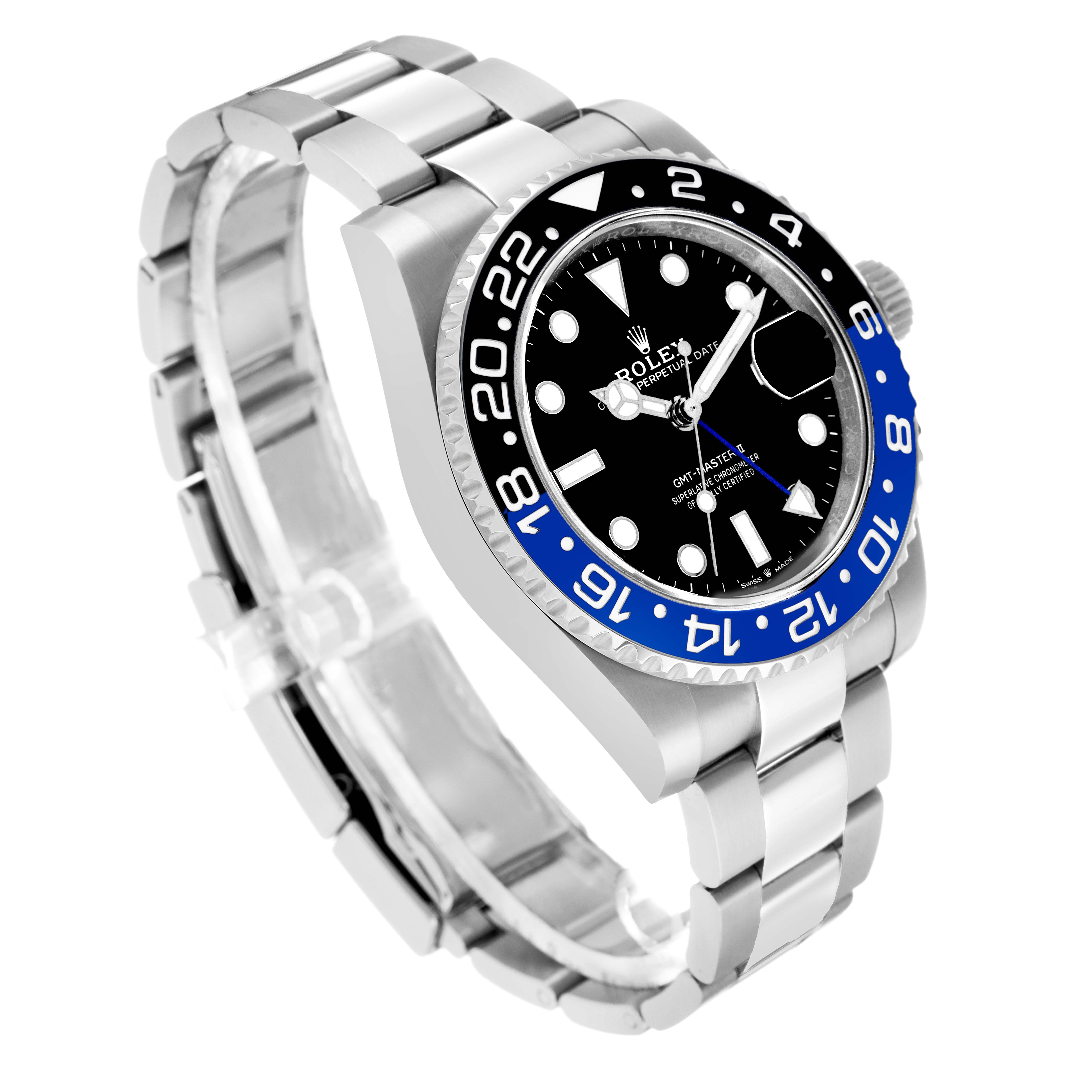 The Rolex GMT-Master 126710 Men's Stainless Steel Black Dial is shown at a slight angle displaying the bezel, face, crown, and part of the bracelet.