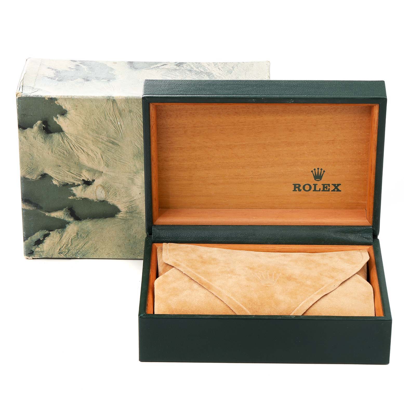 This image shows the open box and suede pouch of the Rolex GMT-Master 16713 Men's Steel and Gold (two tone) Black Dial 16713 Men's Steel and Gold (two tone) Black Dial watch.