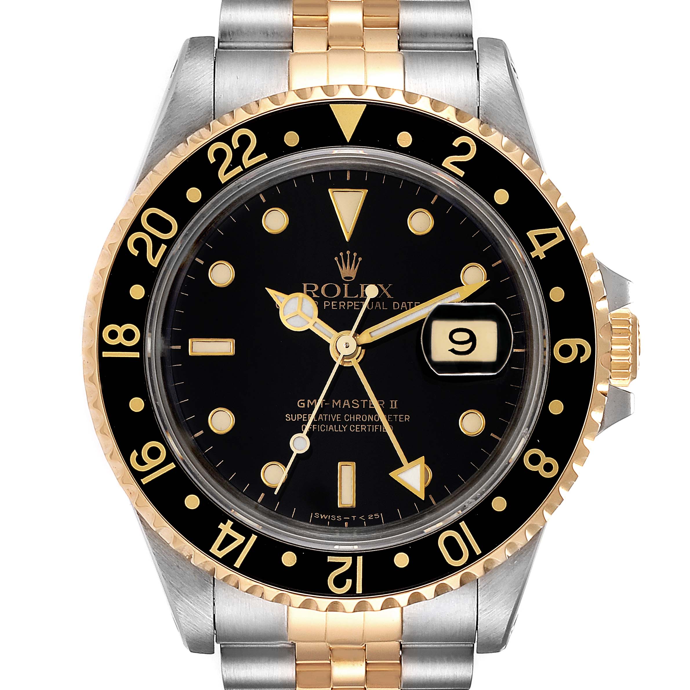 This image shows a Rolex GMT-Master 16713 Men's Steel and Gold (two tone) Black Dial 16713 Men's Steel and Gold (two tone) Black Dial II watch from a front angle, featuring its black dial, bezel, and two-tone bracelet.