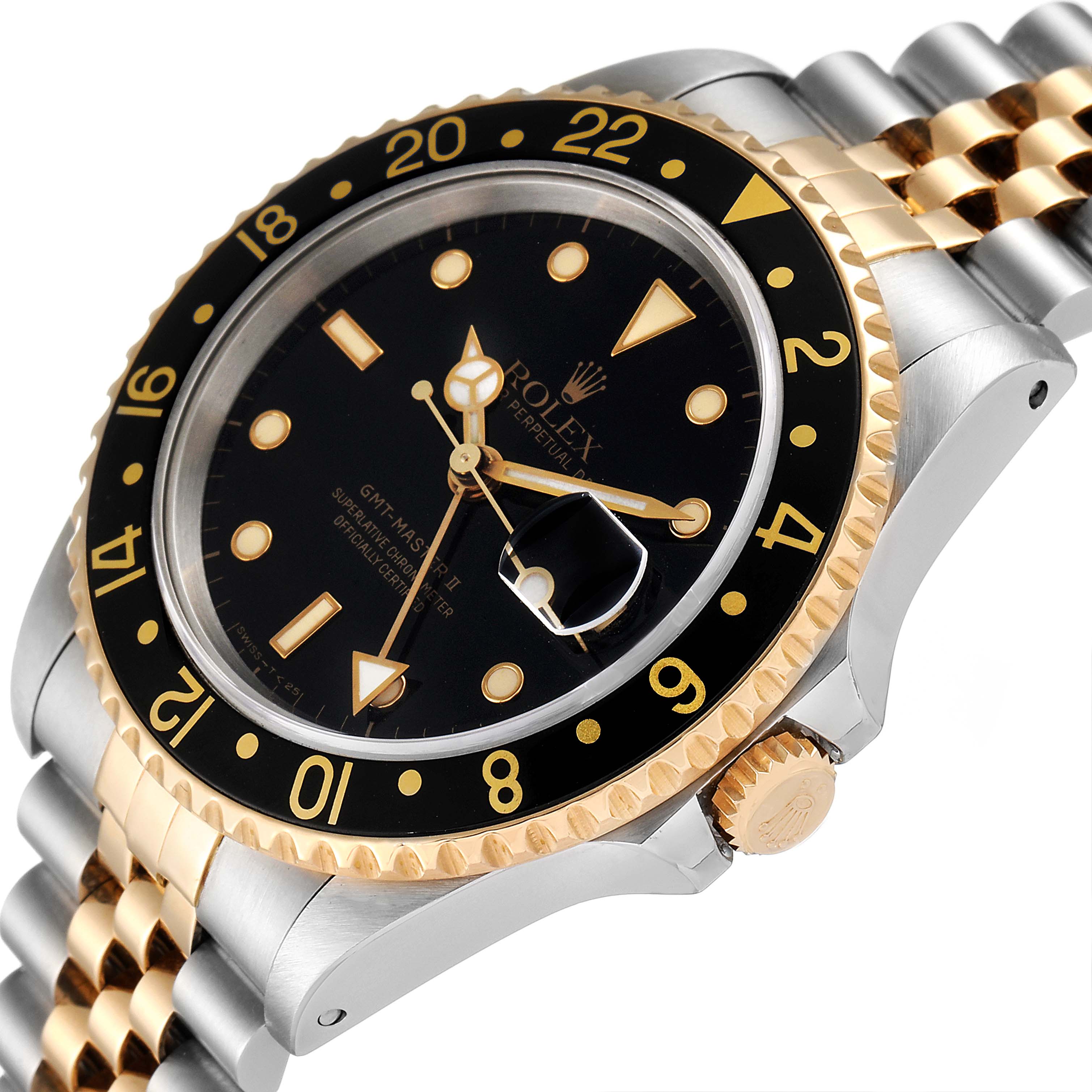 The Rolex GMT-Master 16713 Men's Steel and Gold (two tone) Black Dial 16713 Men's Steel and Gold (two tone) Black Dial watch is shown at an angled view, displaying its dial, bezel, crown, and part of the bracelet.