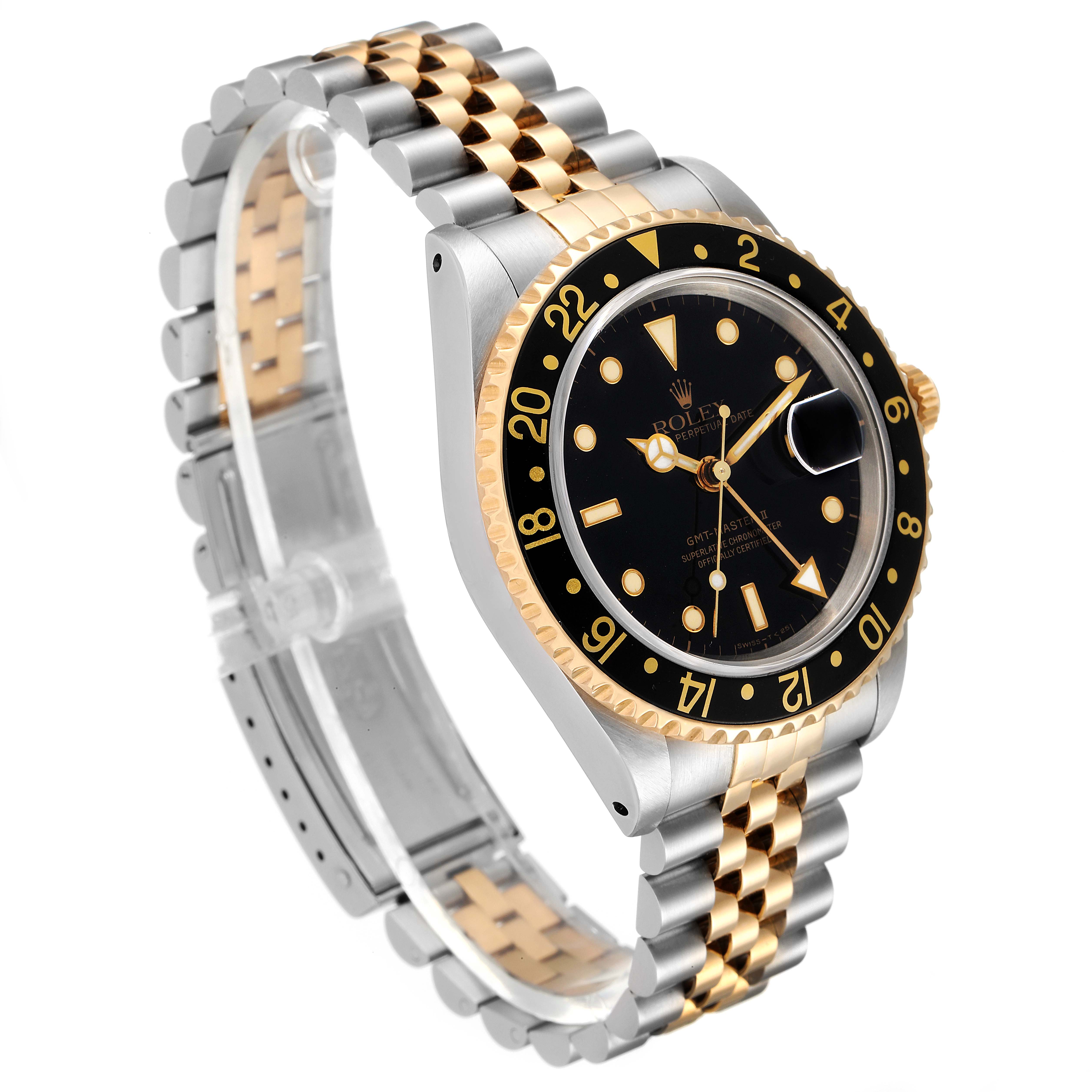 This image shows the front and side of a Rolex GMT-Master 16713 Men's Steel and Gold (two tone) Black Dial 16713 Men's Steel and Gold (two tone) Black Dial watch with a black dial, two-tone bezel, and jubilee bracelet.