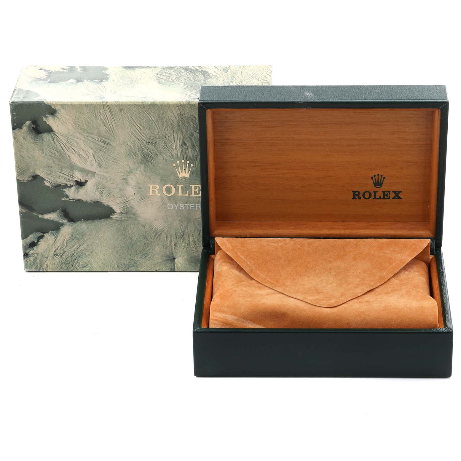 The image shows a Rolex GMT-Master 16758 Men's Yellow Gold Brown Dial 16758 Men's Yellow Gold Brown Dial watch box and its outer sleeve, with the box open, revealing a suede pouch inside.