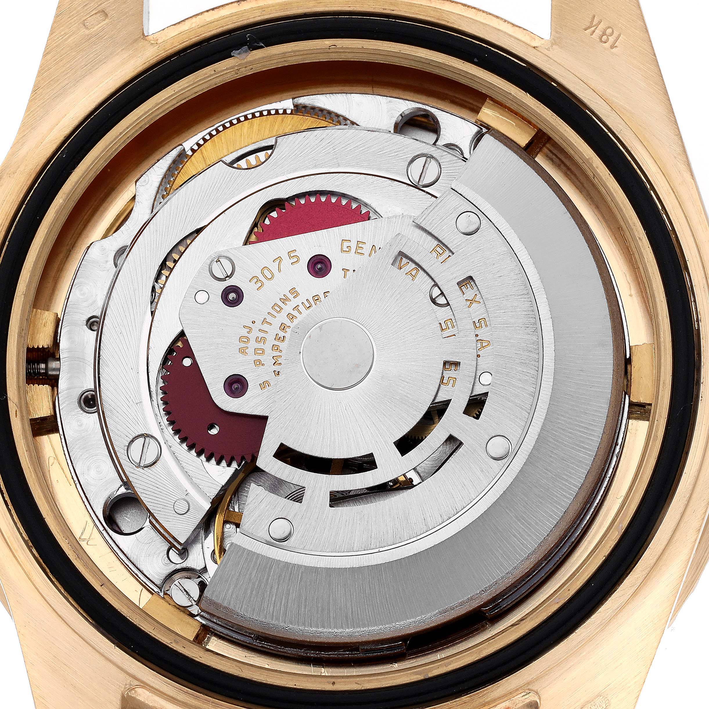 The image shows the internal mechanical movement of a Rolex GMT-Master 16758 Men's Yellow Gold Brown Dial 16758 Men's Yellow Gold Brown Dial watch viewed from the back.