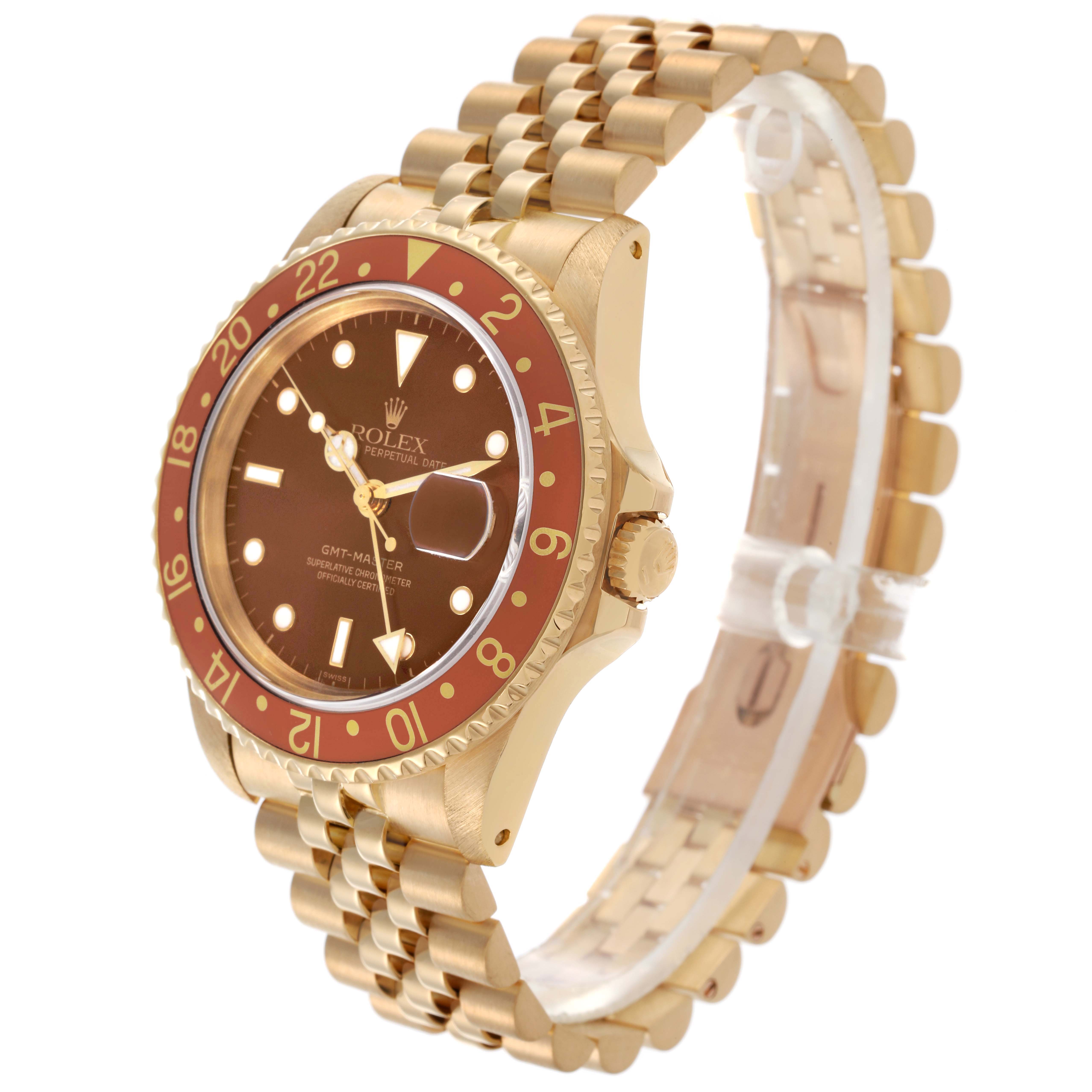 The Rolex GMT-Master 16758 Men's Yellow Gold Brown Dial 16758 Men's Yellow Gold Brown Dial watch is shown at an angled side view, featuring the bezel, dial, crown, and bracelet.