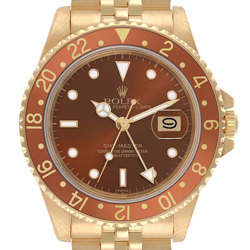 The Rolex GMT-Master watch is shown from the front, displaying the dial, bezel, and part of the bracelet.
